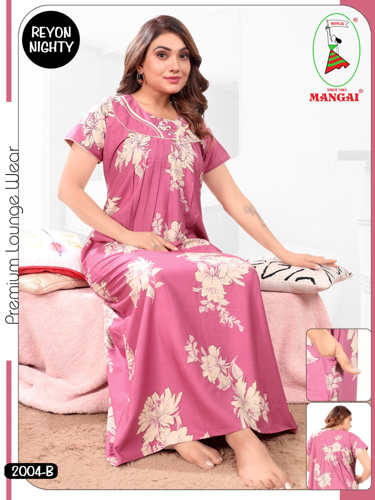 Women's Floral Rayon Pleated Nighty – Elegant Nightwear with Sweetheart Yoke & Side Pocket Nighty