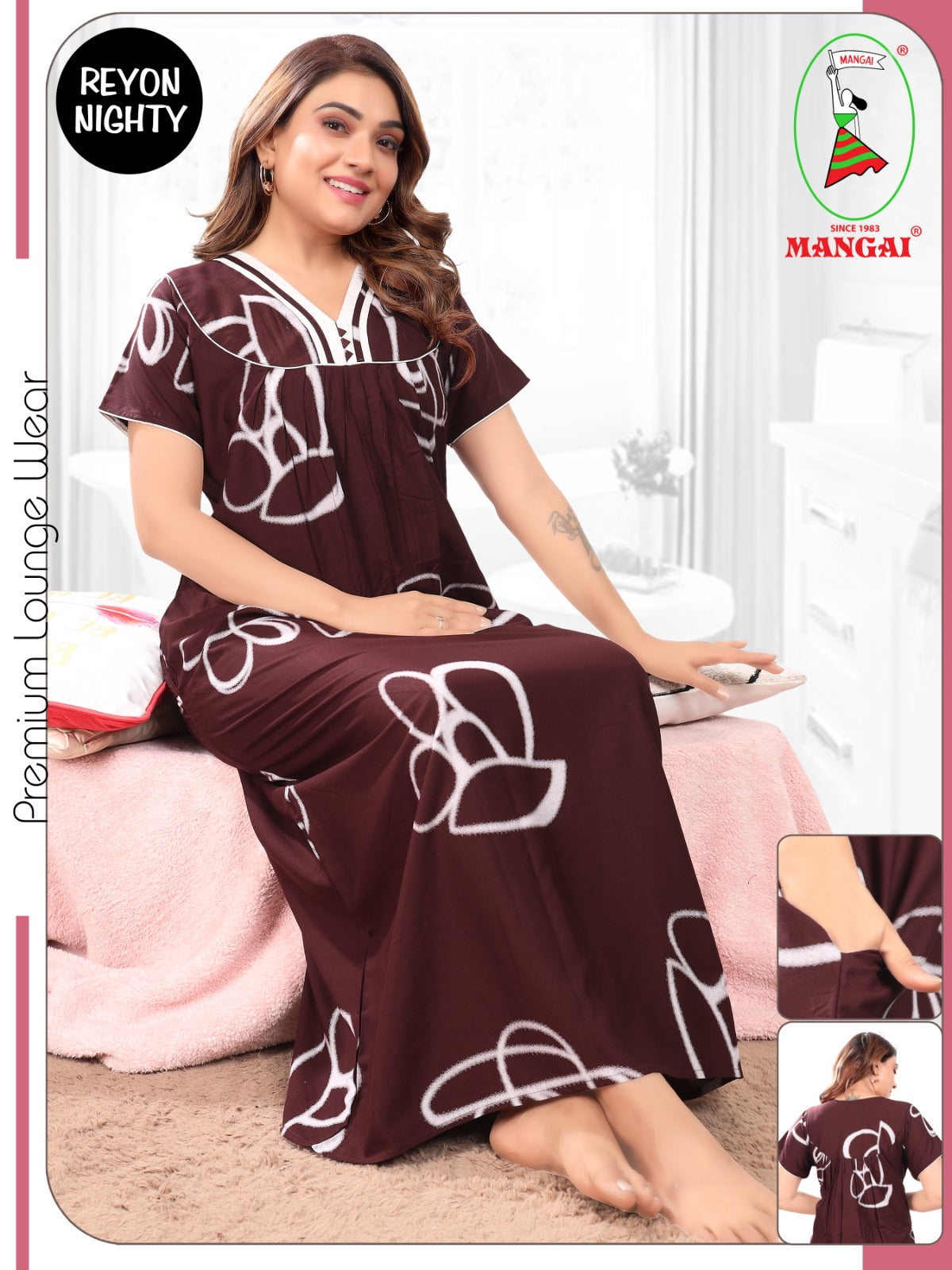 Women's Rayon Pleated Zipless Nighty – Artistic Print Nightwear with Fancy Bow Accent Neck & Side Pocket- Printed Loungewear Gown