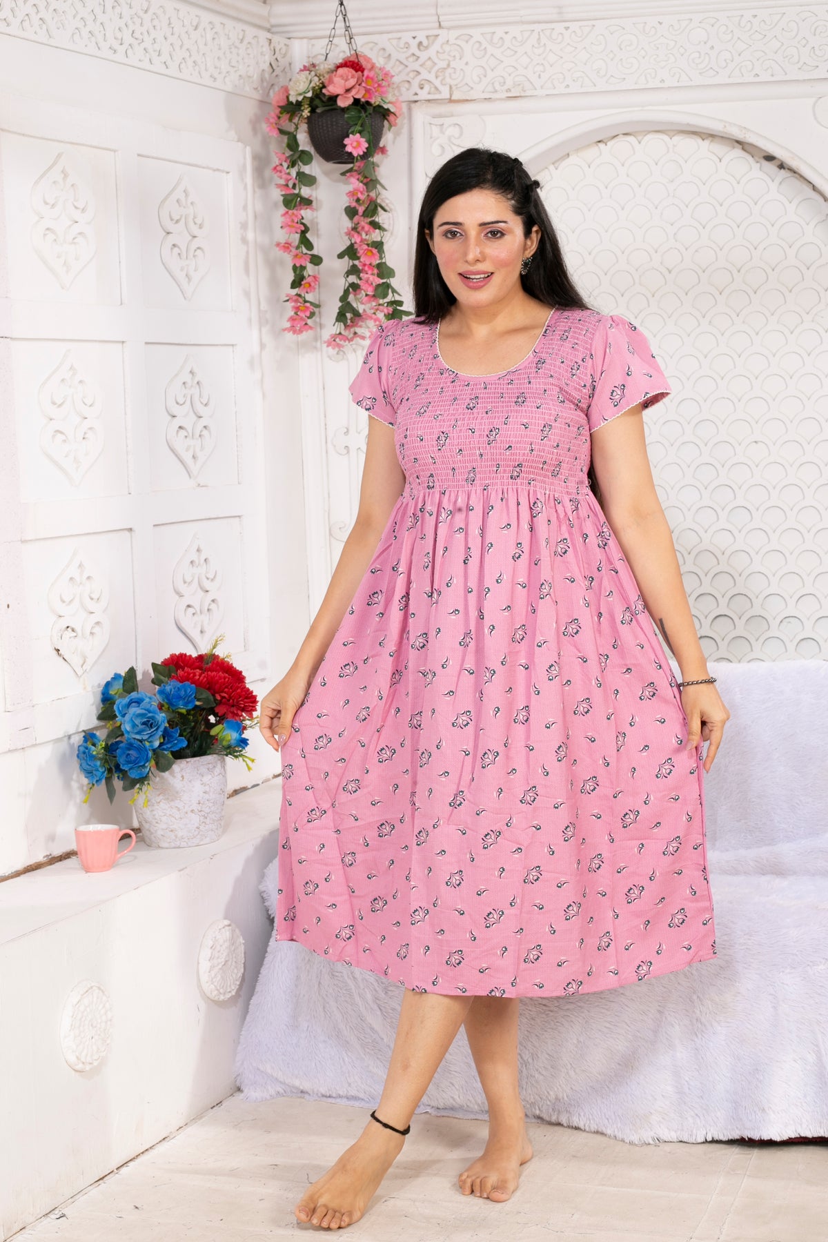 Alpine Smocking Maxi Frock Model Nightgown for Trendy Women's & Teenage Girl's | Stretchable Comfort to Body Fit | Side Pocket & Stylish Round Neck MAXI Gown for Women's Teenage Girl's (ASM)