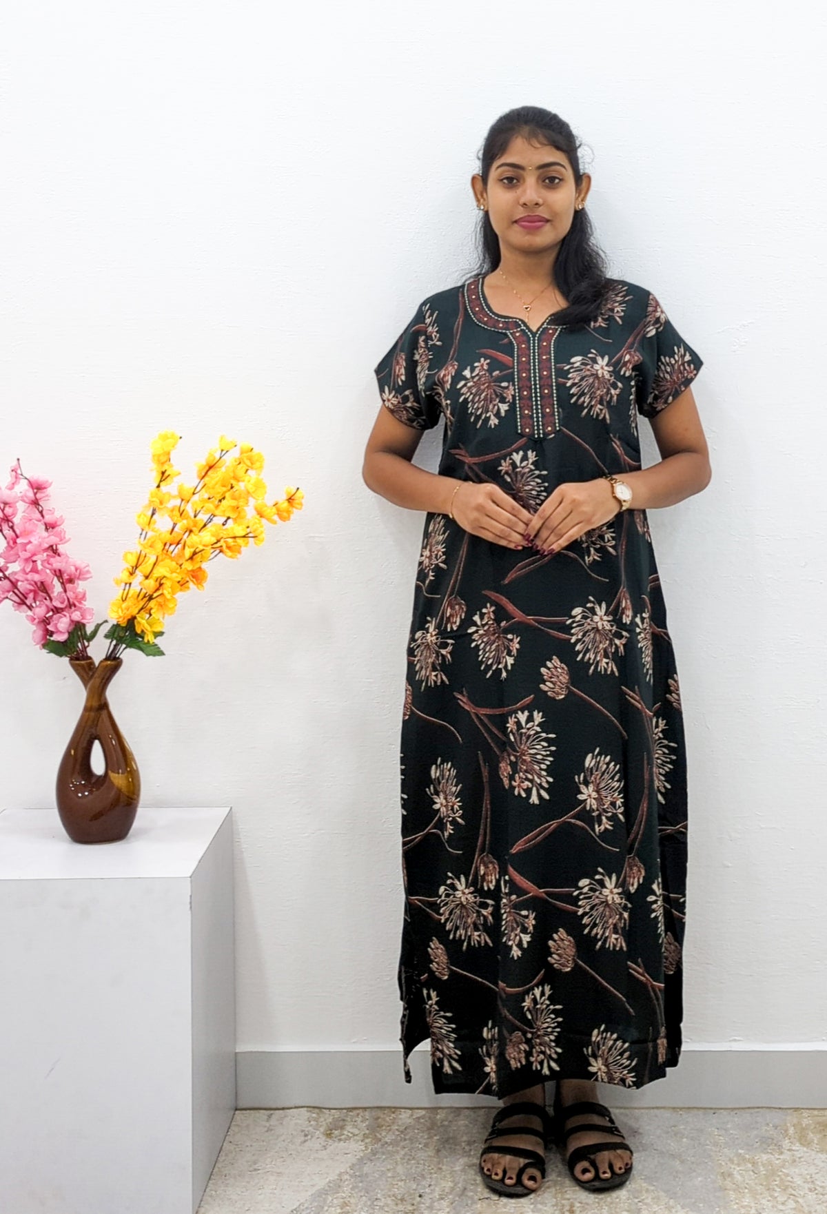 MANGAI Alpine Premium Embroidery Work Nighty for Women | Zipless Pleated Model | Beautiful Printed Design | Comfortable Premium Nightwear (CMC)