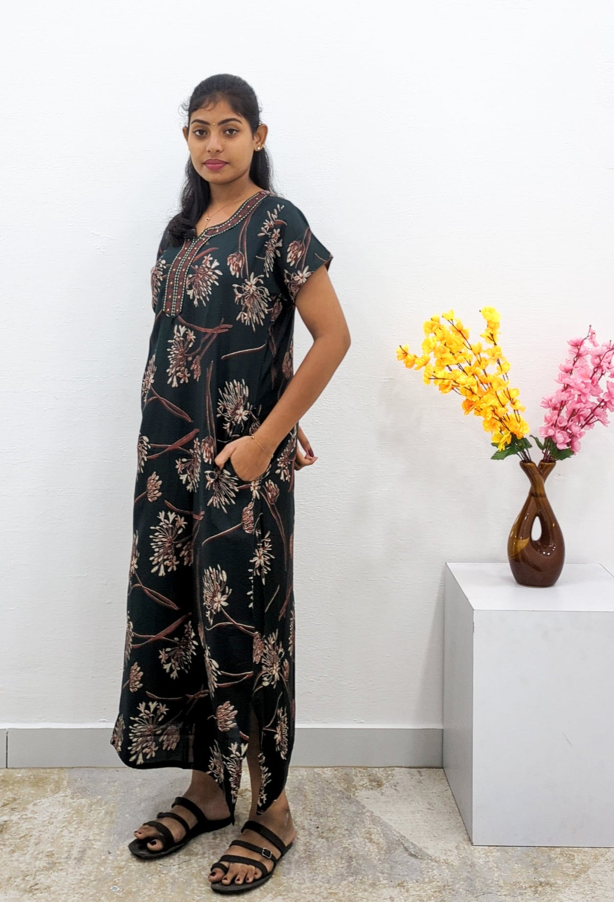 MANGAI Alpine Premium Embroidery Work Nighty for Women | Zipless Pleated Model | Beautiful Printed Design | Comfortable Premium Nightwear (CMC)