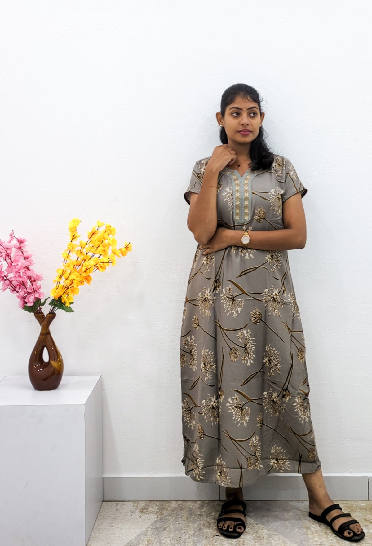 MANGAI Alpine Premium Embroidery Work Nighty for Women | Zipless Pleated Model | Beautiful Printed Design | Comfortable Premium Nightwear (CMC)