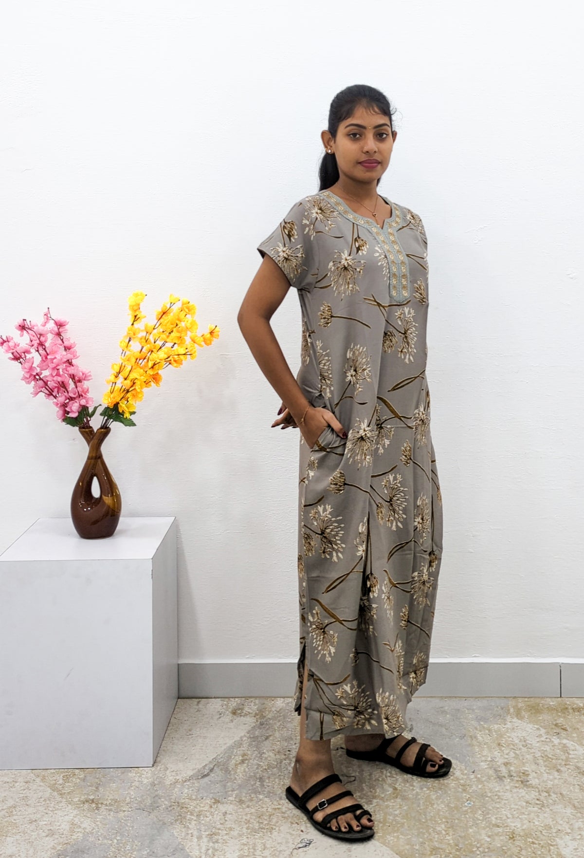 MANGAI Alpine Premium Embroidery Work Nighty for Women | Zipless Pleated Model | Beautiful Printed Design | Comfortable Premium Nightwear (CMC)