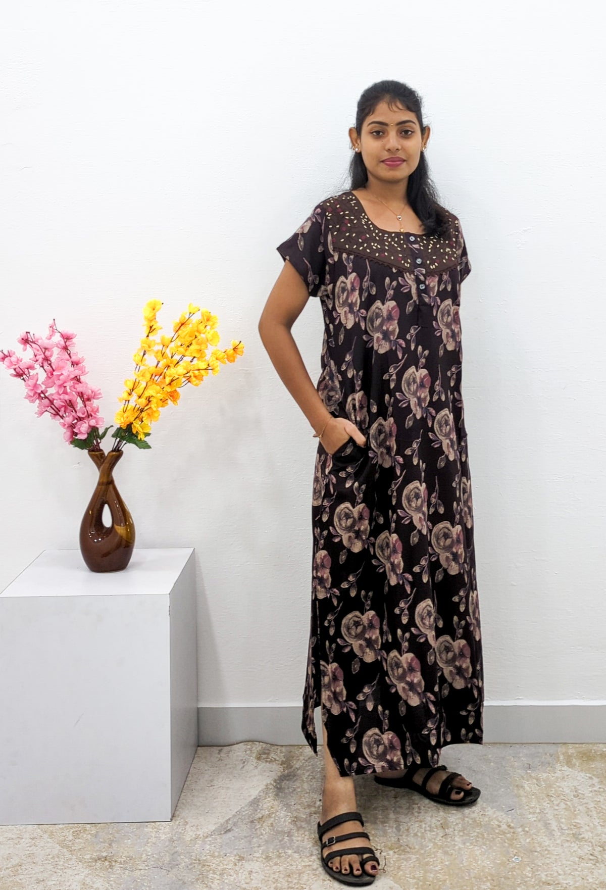 MANGAI Alpine Premium Embroidery Work Nighty for Women | Zipless Pleated Model | Beautiful Printed Design | Comfortable Premium Nightwear (CMC)