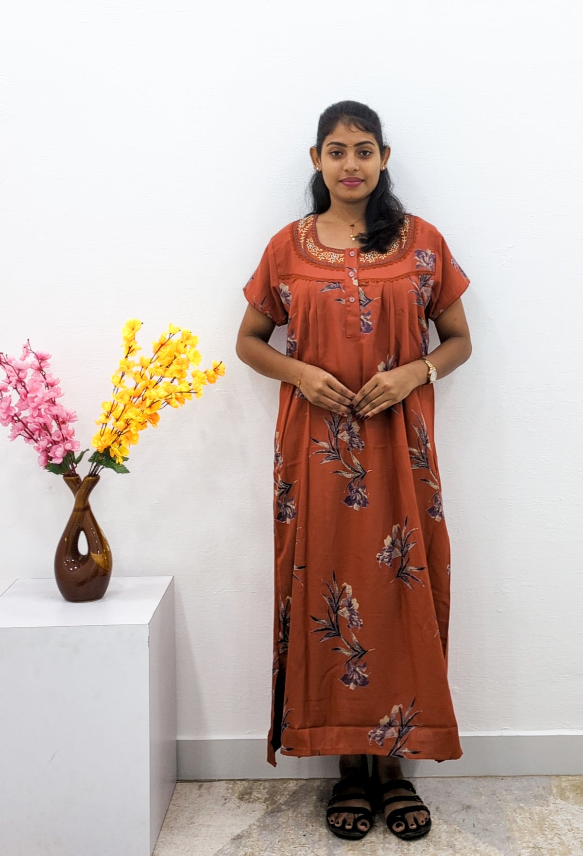 MANGAI Alpine Premium Embroidery Work Nighty for Women | Zipless Pleated Model | Beautiful Printed Design | Comfortable Premium Nightwear (CMC)