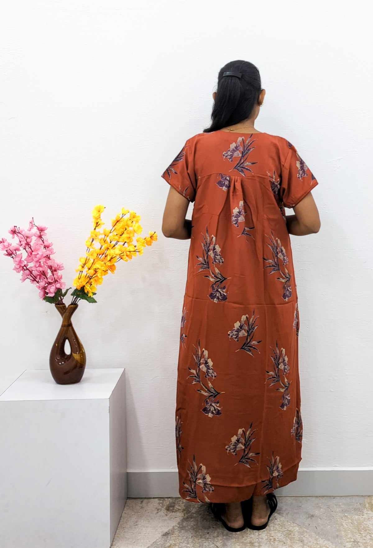 MANGAI Alpine Premium Embroidery Work Nighty for Women | Zipless Pleated Model | Beautiful Printed Design | Comfortable Premium Nightwear (CMC)