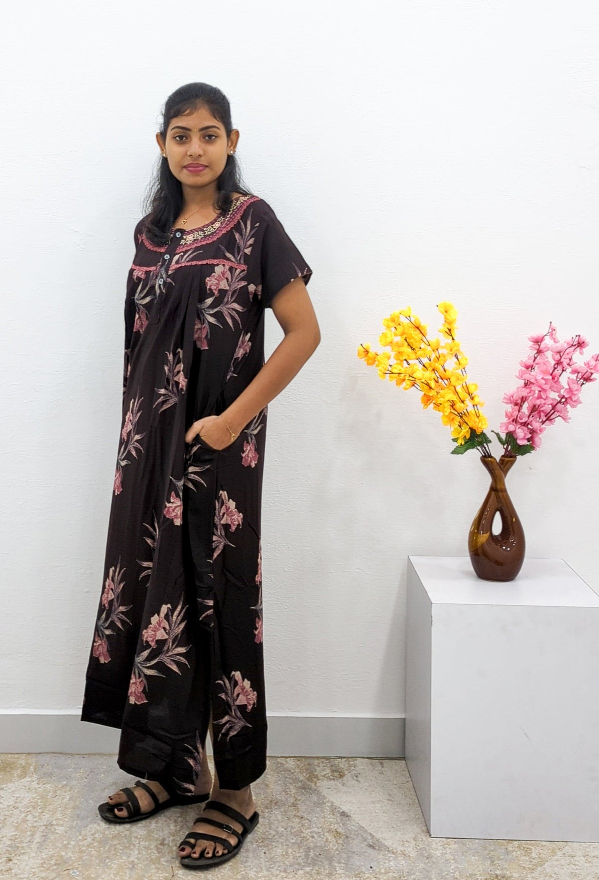 MANGAI Alpine Premium Embroidery Work Nighty for Women | Zipless Pleated Model | Beautiful Printed Design | Comfortable Premium Nightwear (CMC)