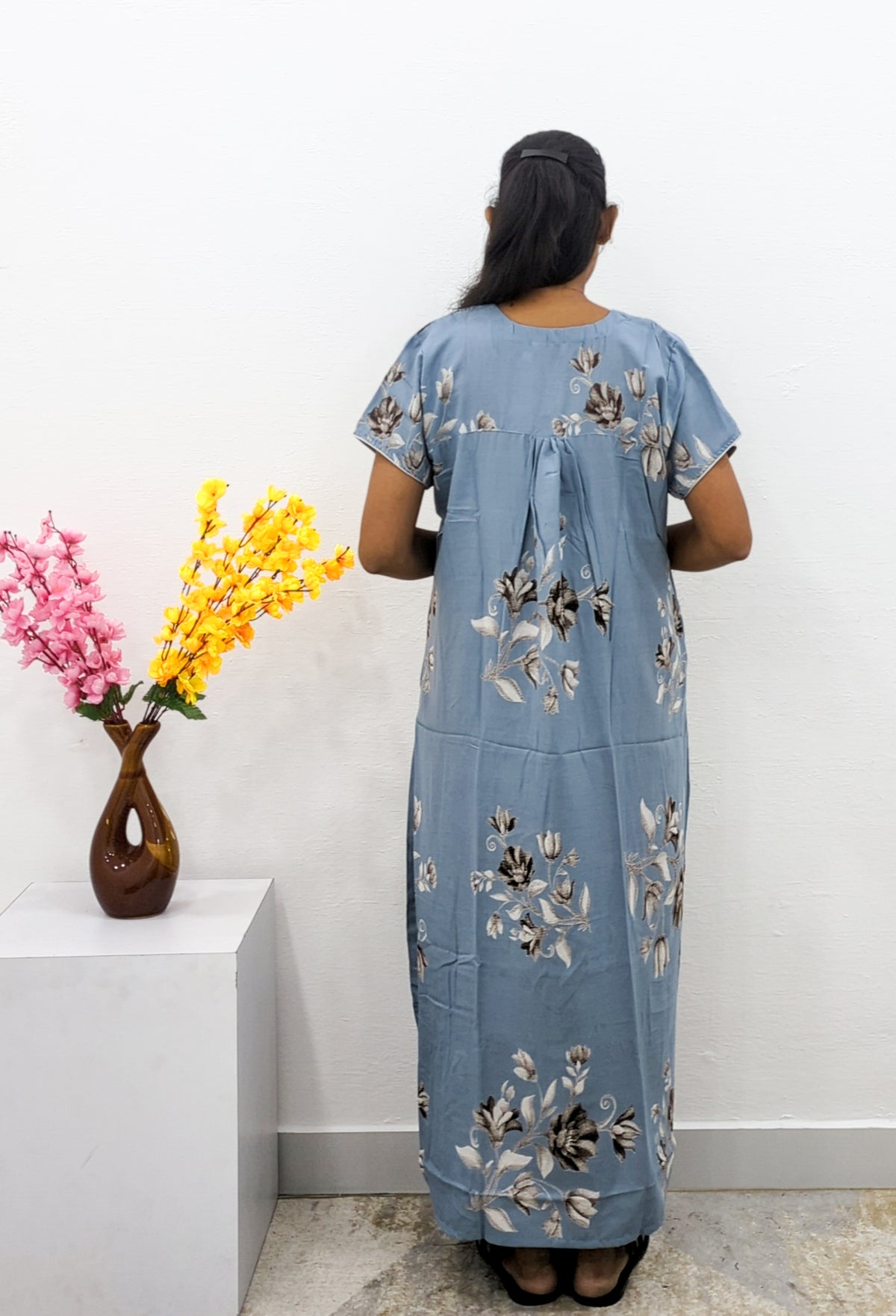 MANGAI Alpine Premium Embroidery Work Nighty for Women | Zipless Pleated Model | Beautiful Printed Design | Comfortable Premium Nightwear (CMC)