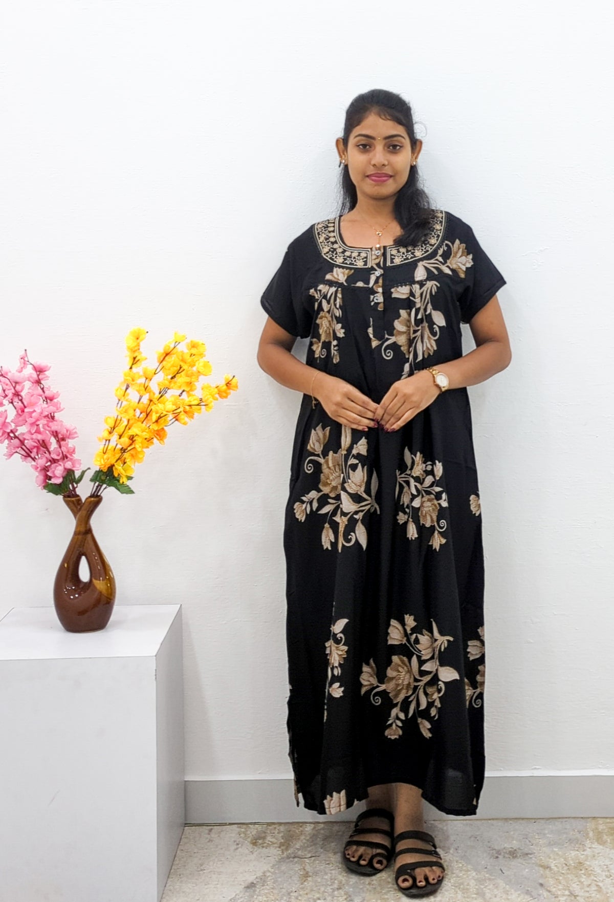 MANGAI Alpine Premium Embroidery Work Nighty for Women | Zipless Pleated Model | Beautiful Printed Design | Comfortable Premium Nightwear (CMC)