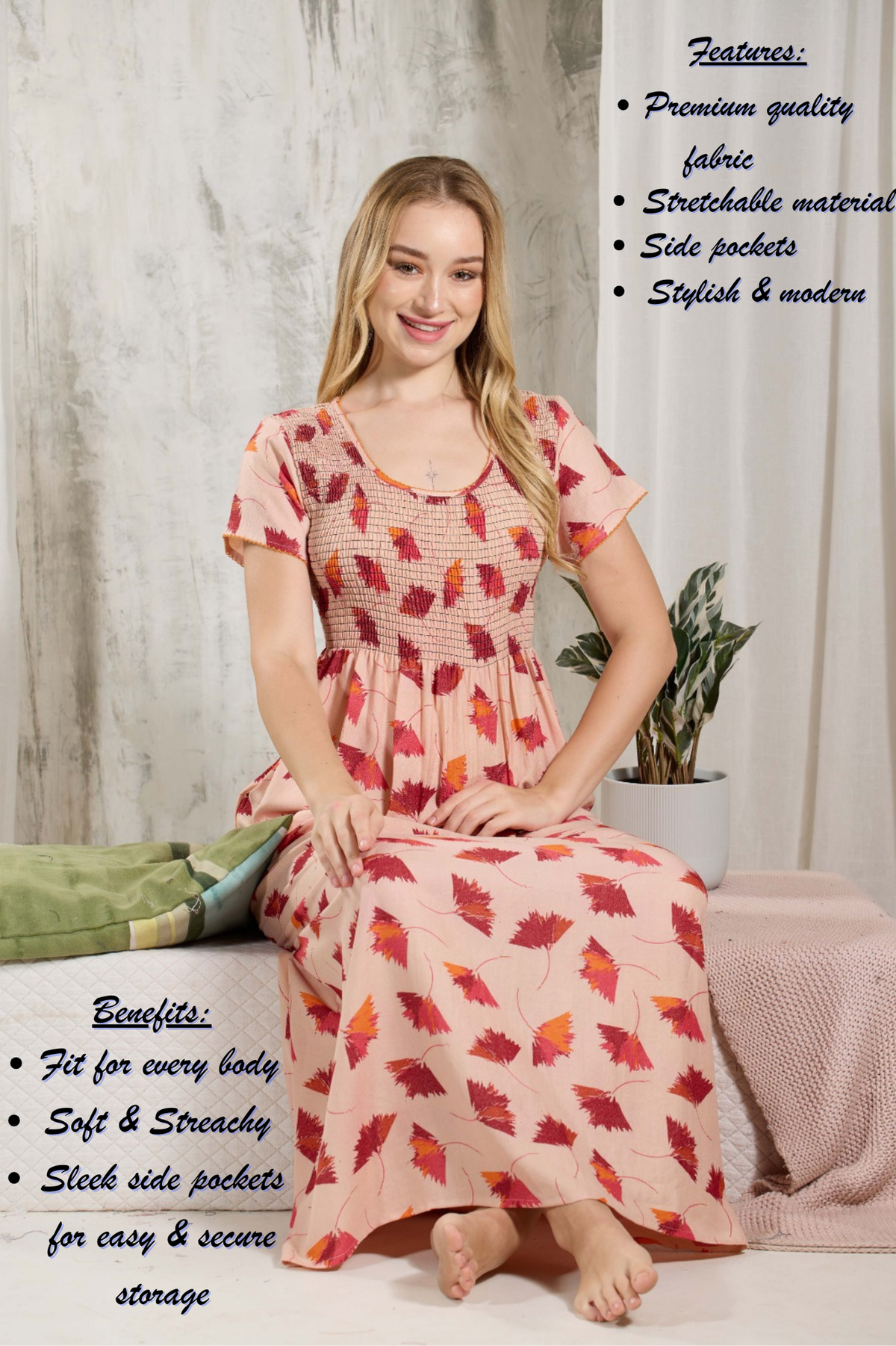 ALPINE Smocking Nighty | Beautiful Pleated Design | Side Pocket | Stylish Nighty for Trendy Women's | Your Perfect Nightwear Collection's (ALS)