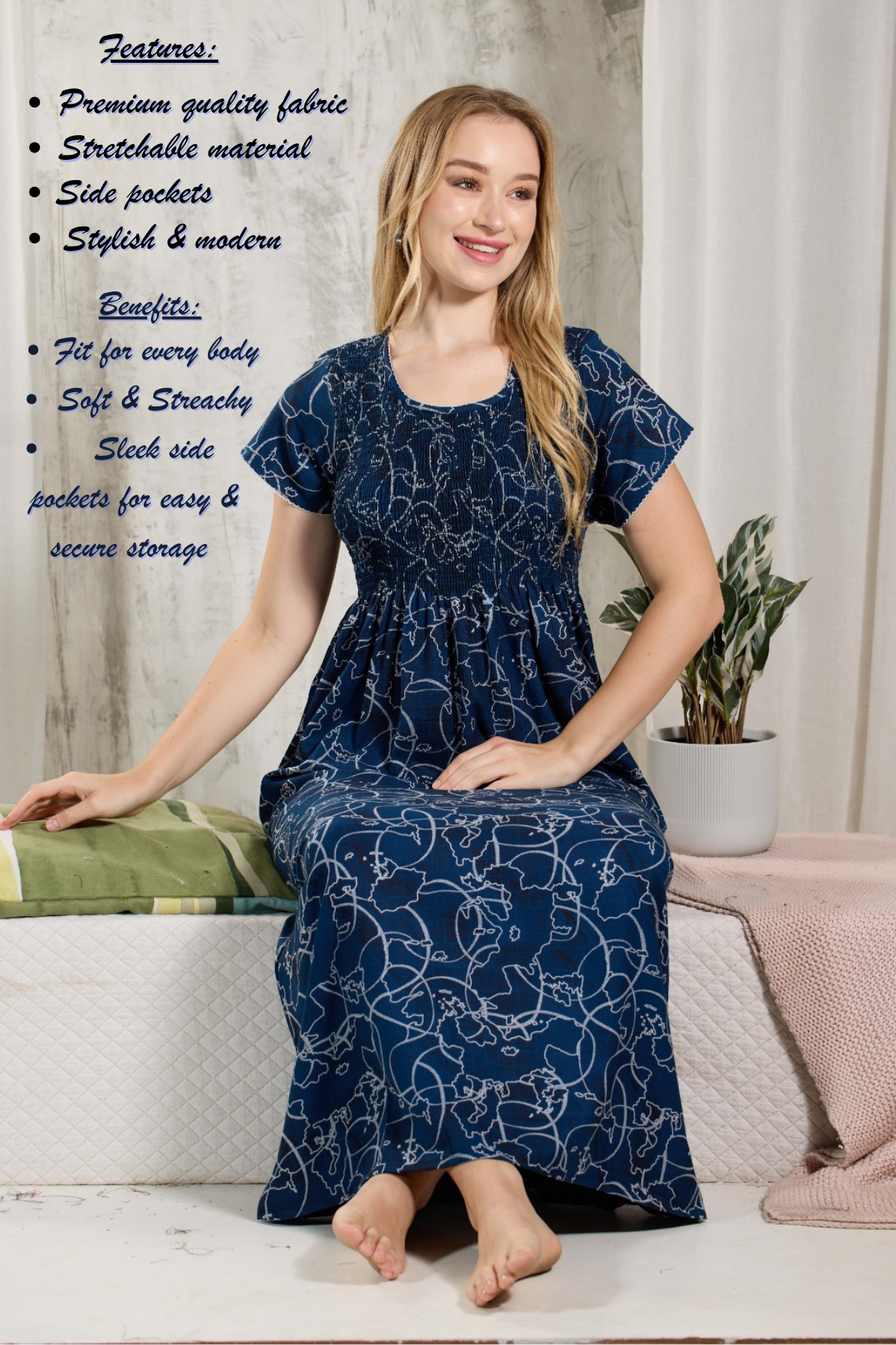 ALPINE Smocking Nighty | Beautiful Pleated Design | Side Pocket | Stylish Nighty for Trendy Women's | Your Perfect Nightwear Collection's (ALS)