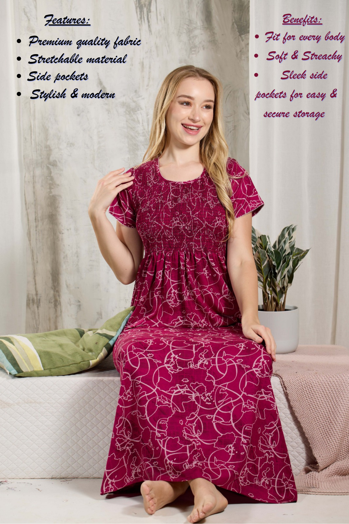 ALPINE Smocking Nighty | Beautiful Pleated Design | Side Pocket | Stylish Nighty for Trendy Women's | Your Perfect Nightwear Collection's (ALS)