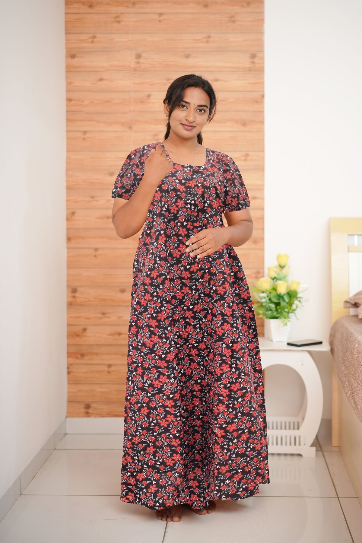 MANGAI Daily Wear Casual Comfort Fit Cotton Printed Nighties | Front Open Zipper Model | Fancy Round Neck with Side Pocket Cotton Nighties (DRN)