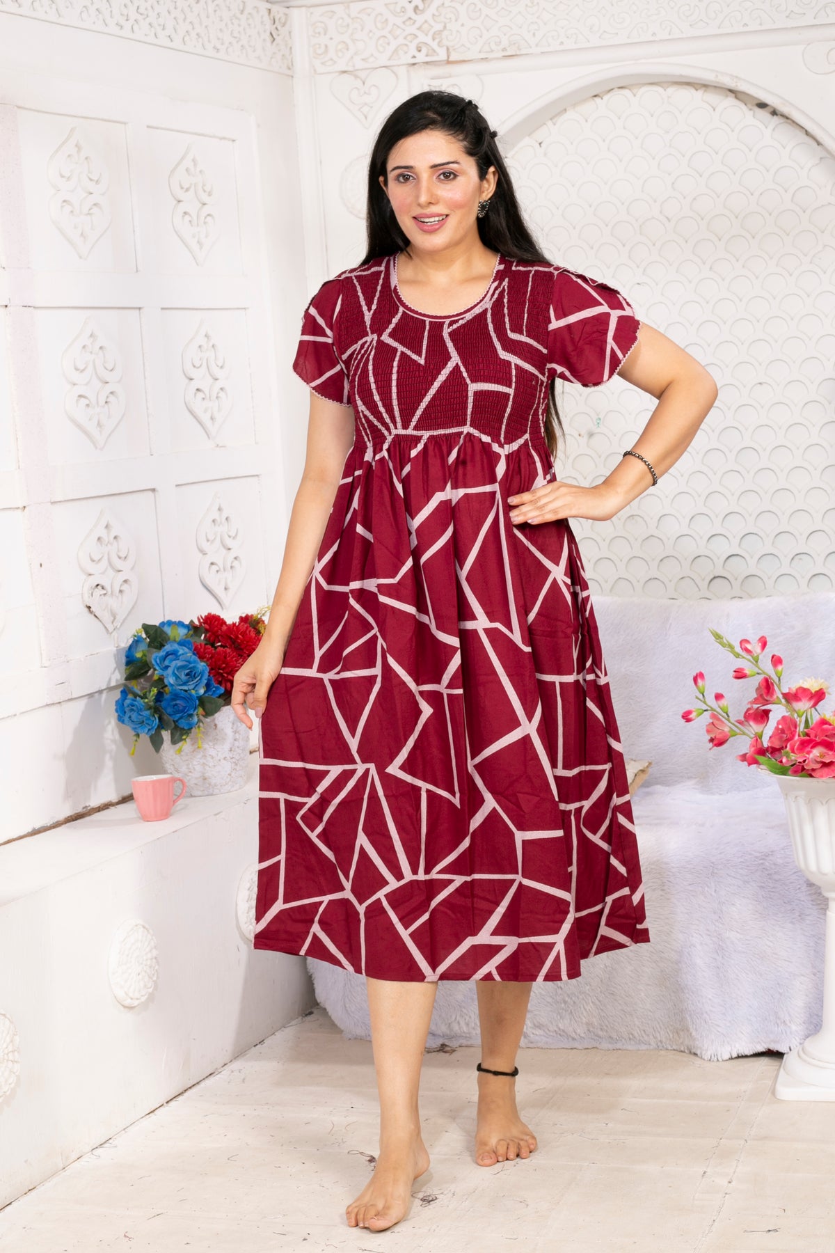 Alpine Smocking Maxi Frock Model Nightgown for Trendy Women's & Teenage Girl's | Stretchable Comfort to Body Fit | Side Pocket & Stylish Round Neck MAXI Gown for Women's Teenage Girl's (ASM)