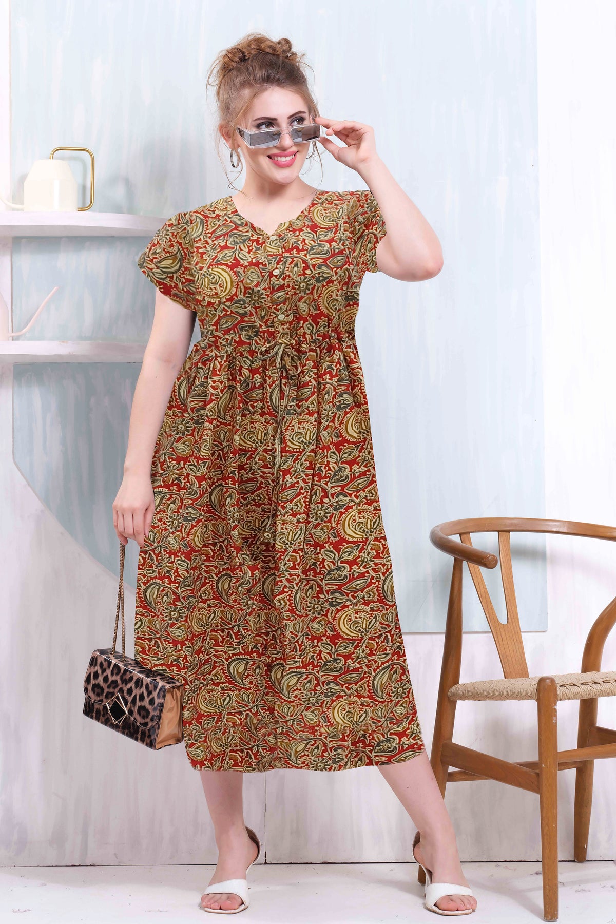 Cotton Gathering Frock for Summer Arrivals | Side Pocket | Button Closed | Elegant Casual Night Wear for Trendy Women's (FKC)