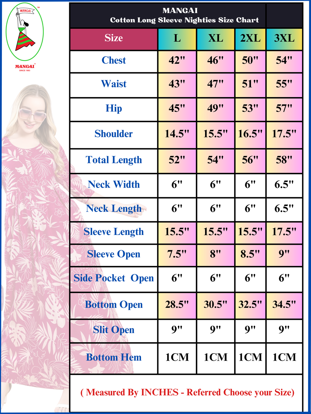 MANGAI Premium Cotton Printed Regular Comfort Long Sleeve Model Size Nighties - Fancy Neck | With Side Pocket |Shrinkage Free Nighties | Trendy Collection's for Stylish Women's (TFS)