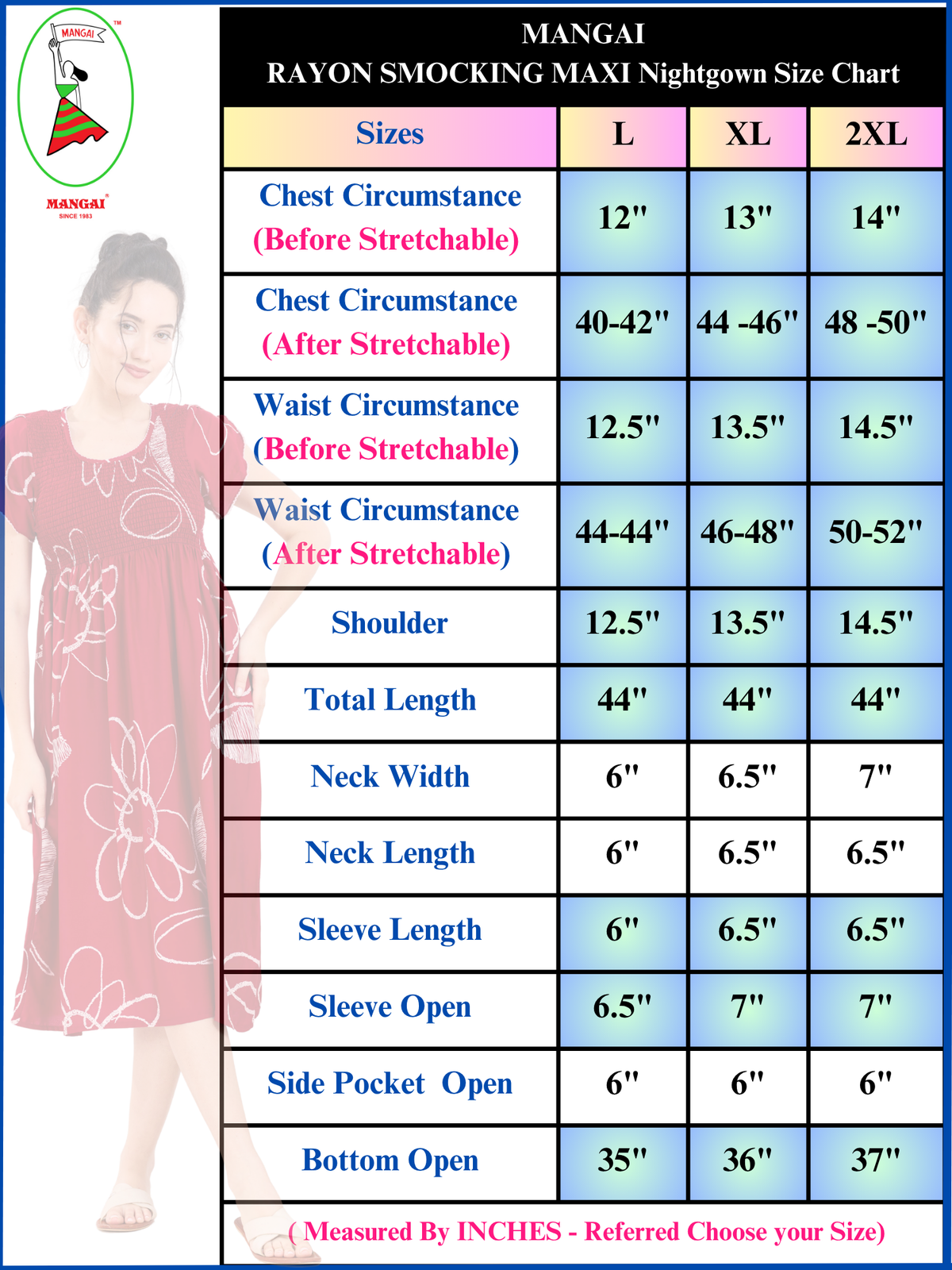 MANGAI Premium Rayon MAXI Frock Smocking Night Gown | Stretchable & Comfort Fit | Fancy Pleated Style with Side Pocket | Round Neck Nightwear for Stylish Women (SRM)