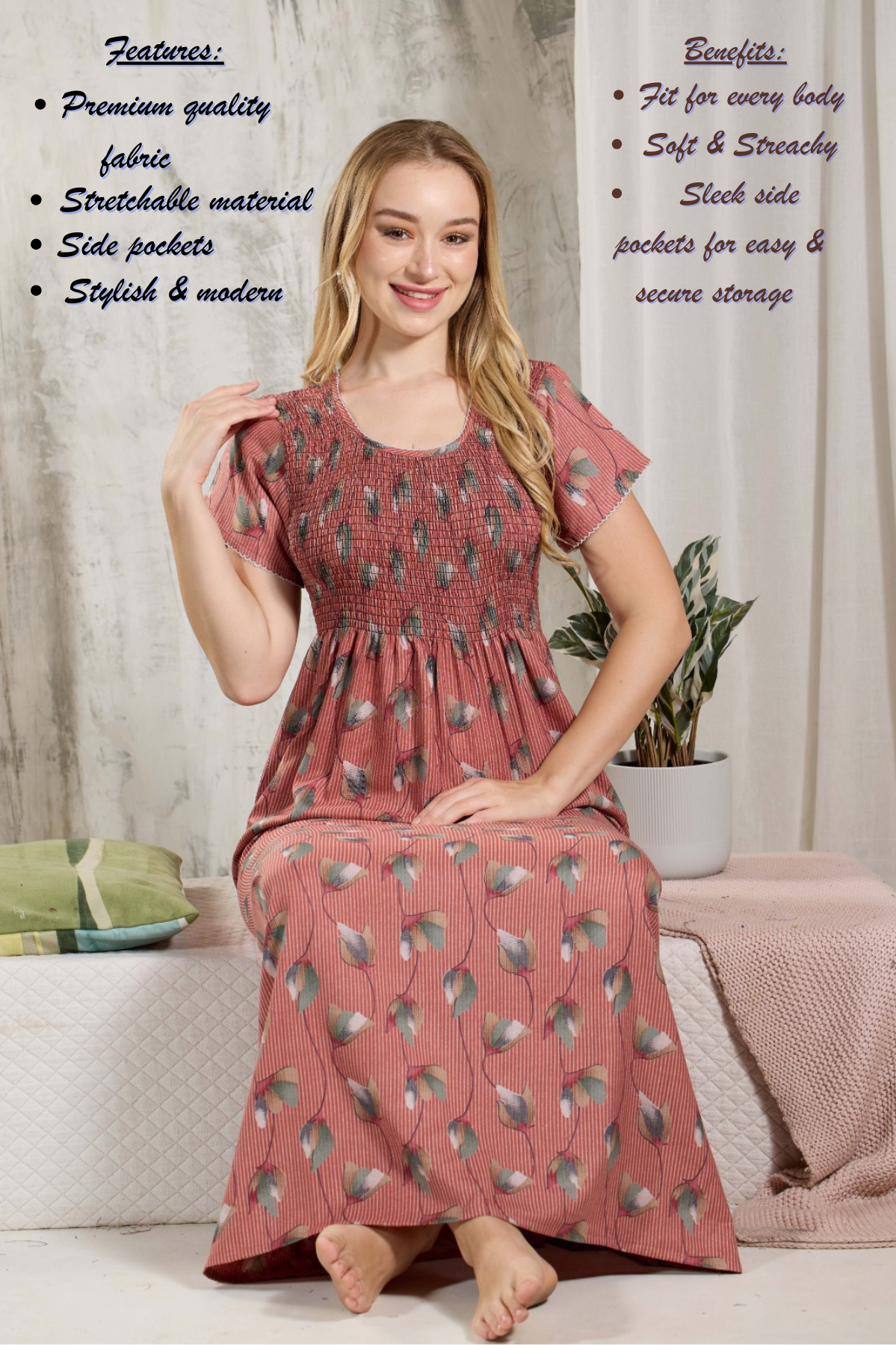 ALPINE Smocking Nighty | Beautiful Pleated Design | Side Pocket | Stylish Nighty for Trendy Women's | Your Perfect Nightwear Collection's (ALS)