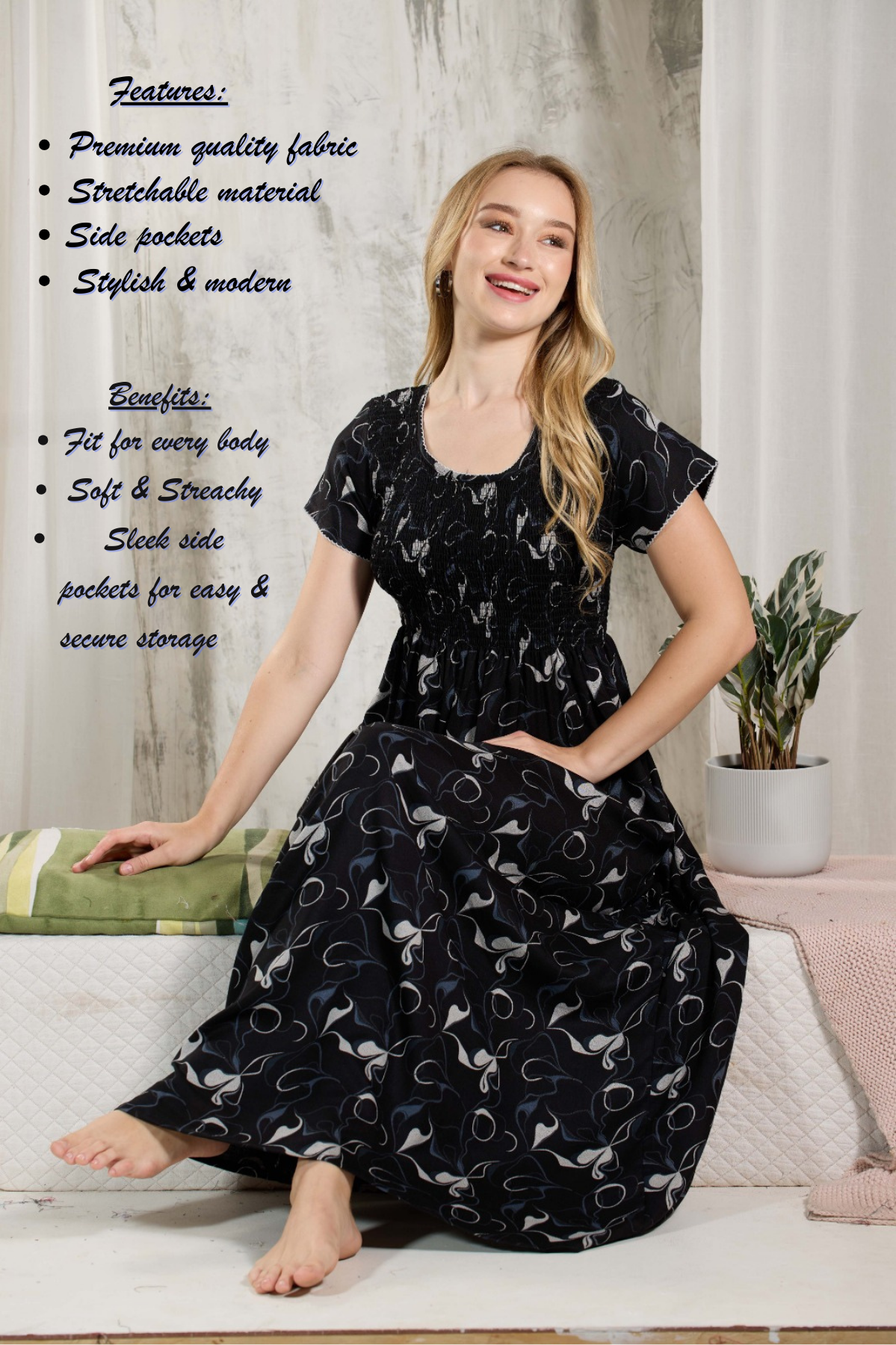 ALPINE Smocking Nighty | Beautiful Pleated Design | Side Pocket | Stylish Nighty for Trendy Women's | Your Perfect Nightwear Collection's (ALS)