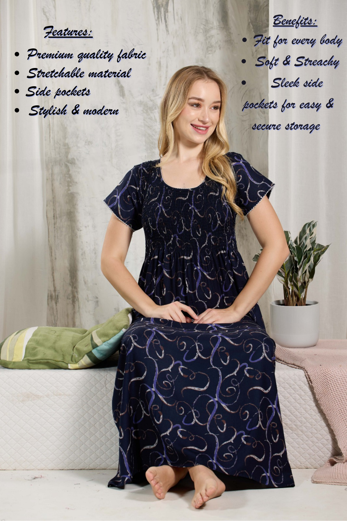 ALPINE Smocking Nighty | Beautiful Pleated Design | Side Pocket | Stylish Nighty for Trendy Women's | Your Perfect Nightwear Collection's (ALS)