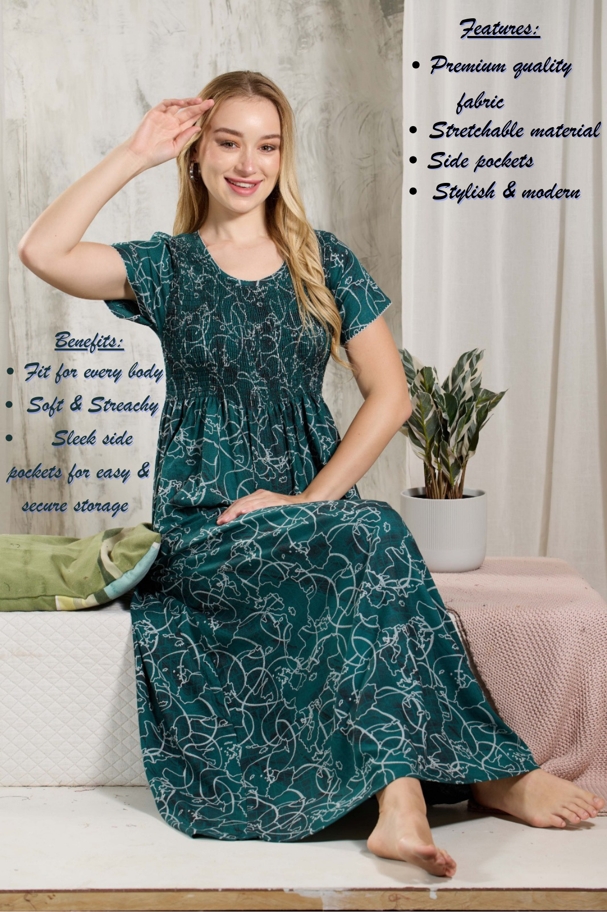 ALPINE Smocking Nighty | Beautiful Pleated Design | Side Pocket | Stylish Nighty for Trendy Women's | Your Perfect Nightwear Collection's (ALS)