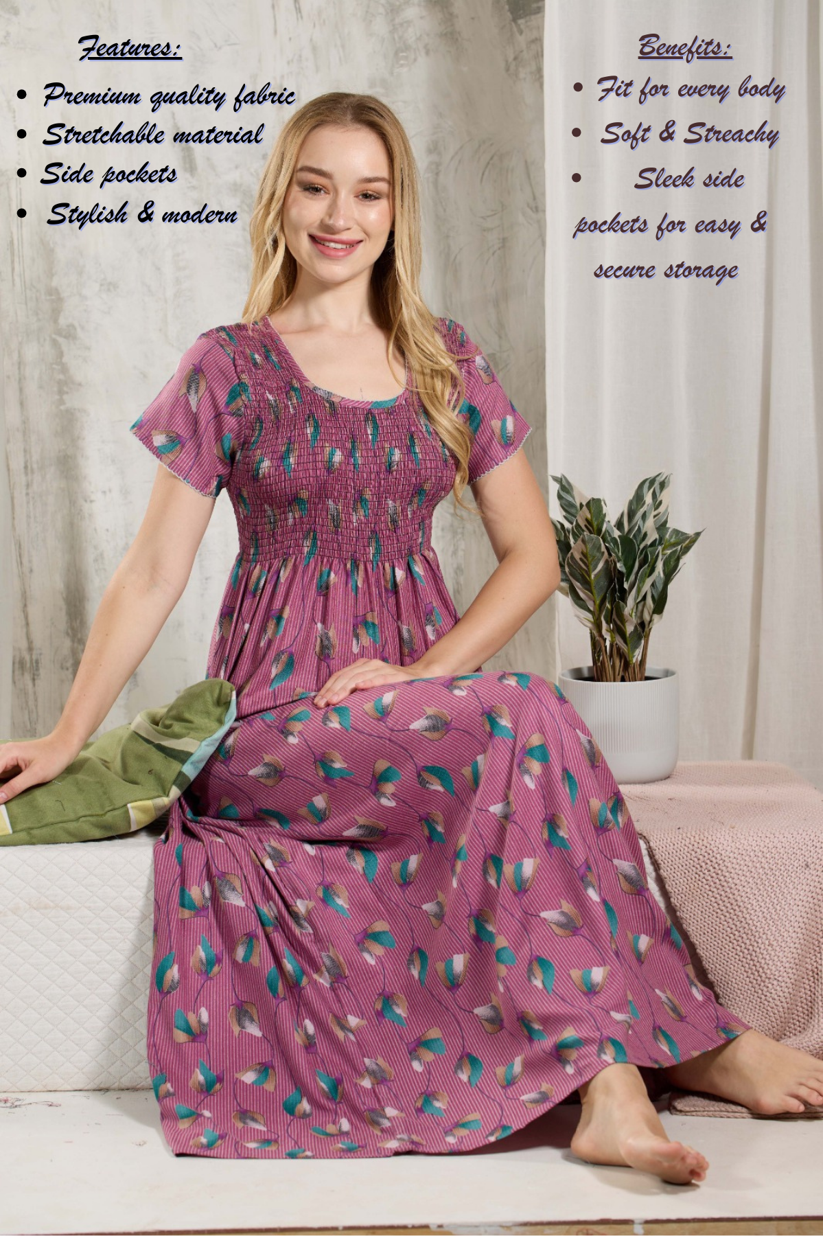 ALPINE Smocking Nighty | Beautiful Pleated Design | Side Pocket | Stylish Nighty for Trendy Women's | Your Perfect Nightwear Collection's (ALS)