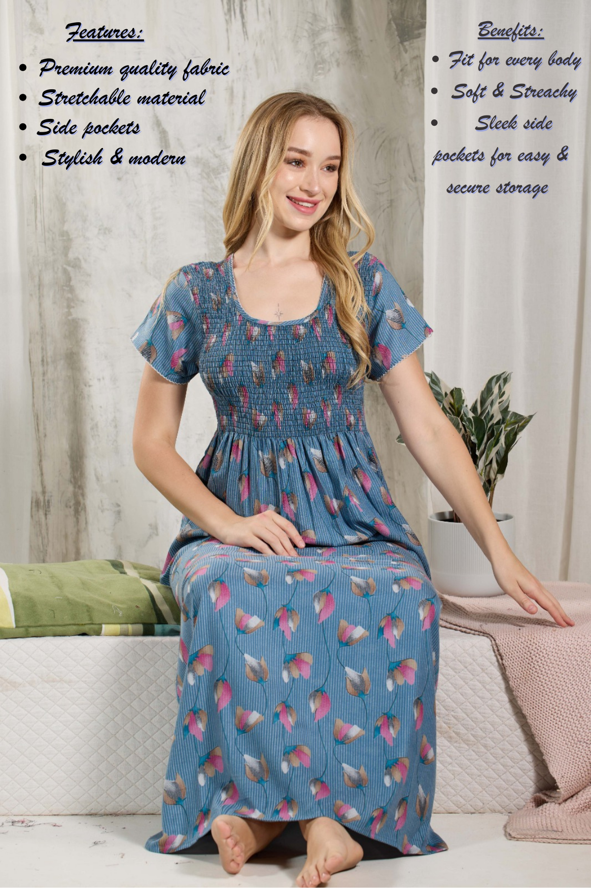 ALPINE Smocking Nighty | Beautiful Pleated Design | Side Pocket | Stylish Nighty for Trendy Women's | Your Perfect Nightwear Collection's (ALS)