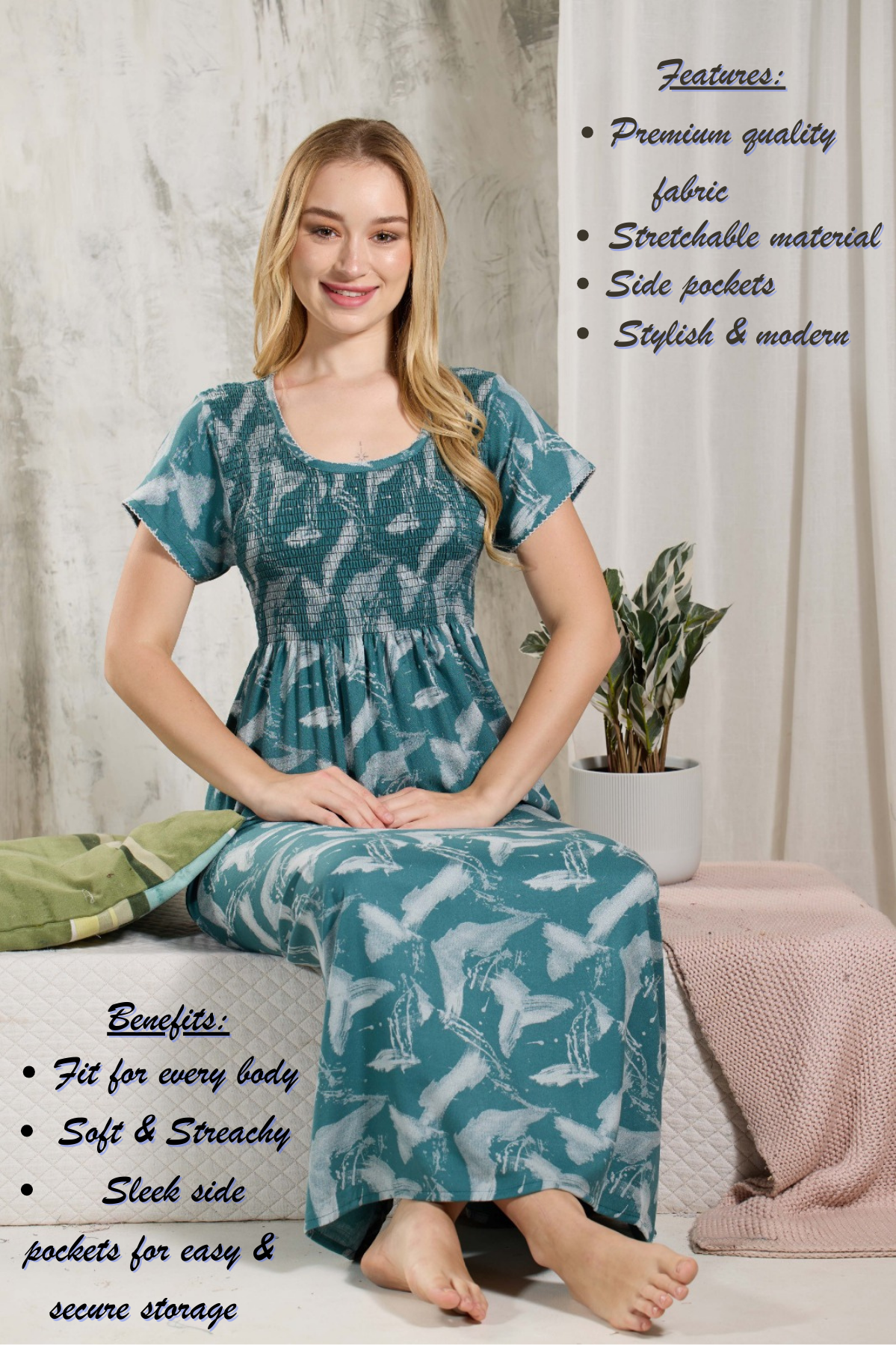 ALPINE Smocking Nighty | Beautiful Pleated Design | Side Pocket | Stylish Nighty for Trendy Women's | Your Perfect Nightwear Collection's (ALS)