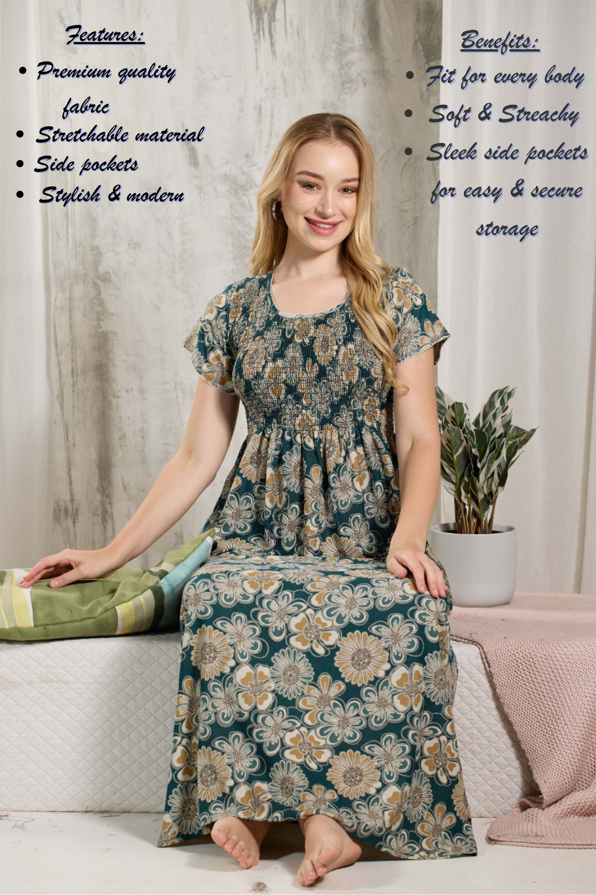 ALPINE Smocking Nighty | Beautiful Pleated Design | Side Pocket | Stylish Nighty for Trendy Women's | Your Perfect Nightwear Collection's (ALS)