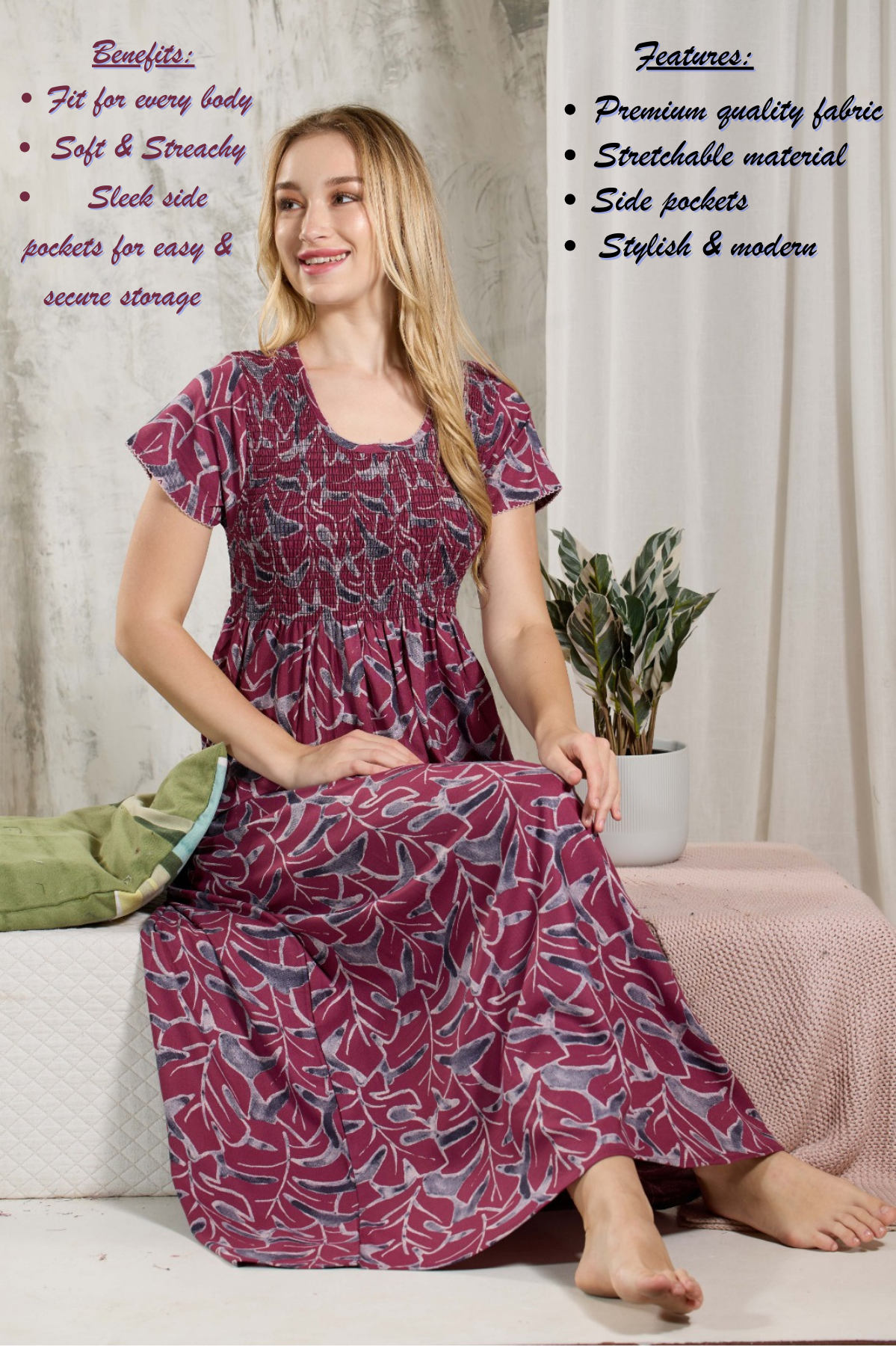 ALPINE Smocking Nighty | Beautiful Pleated Design | Side Pocket | Stylish Nighty for Trendy Women's | Your Perfect Nightwear Collection's (ALS)