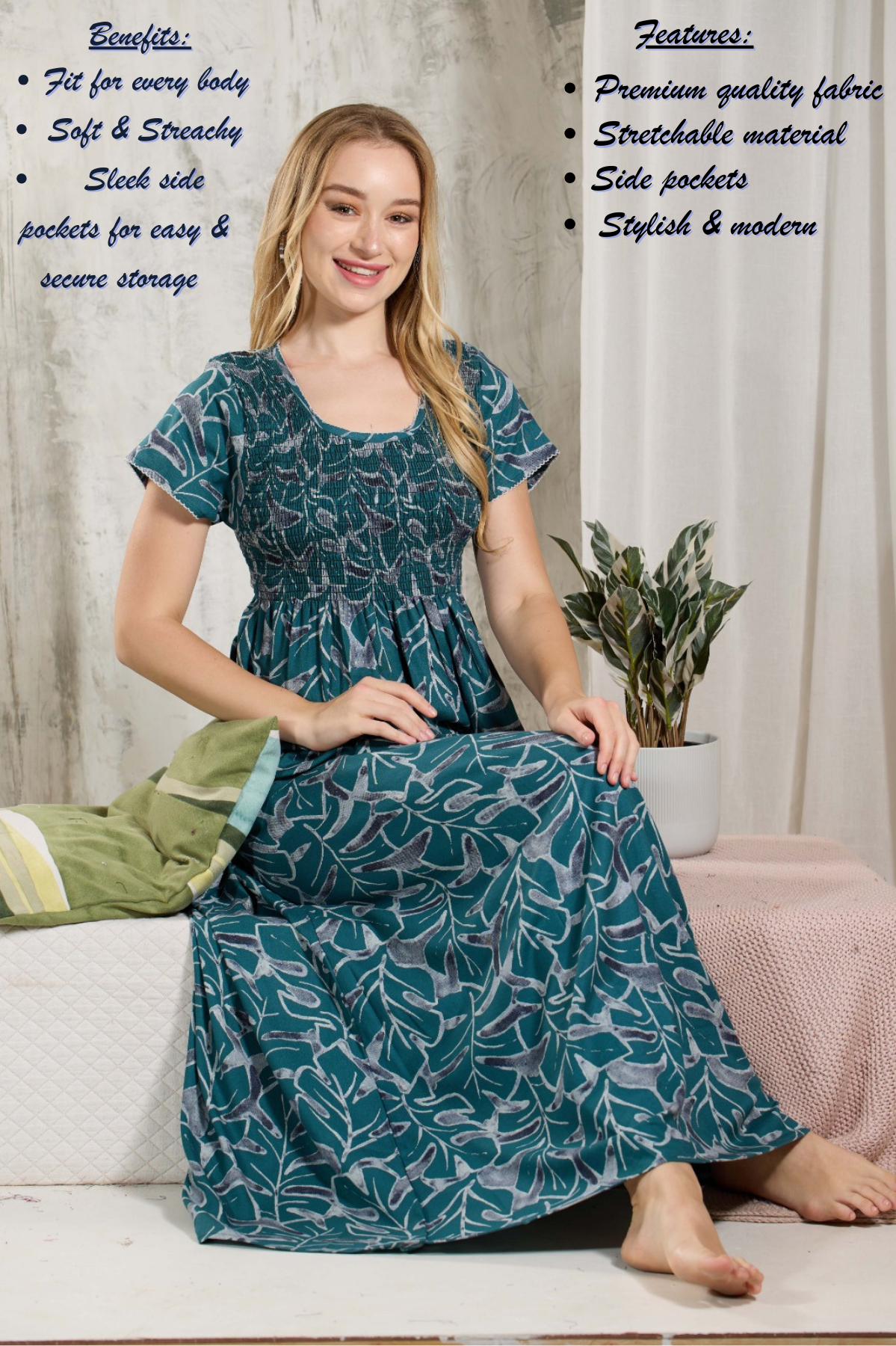 ALPINE Smocking Nighty | Beautiful Pleated Design | Side Pocket | Stylish Nighty for Trendy Women's | Your Perfect Nightwear Collection's (ALS)