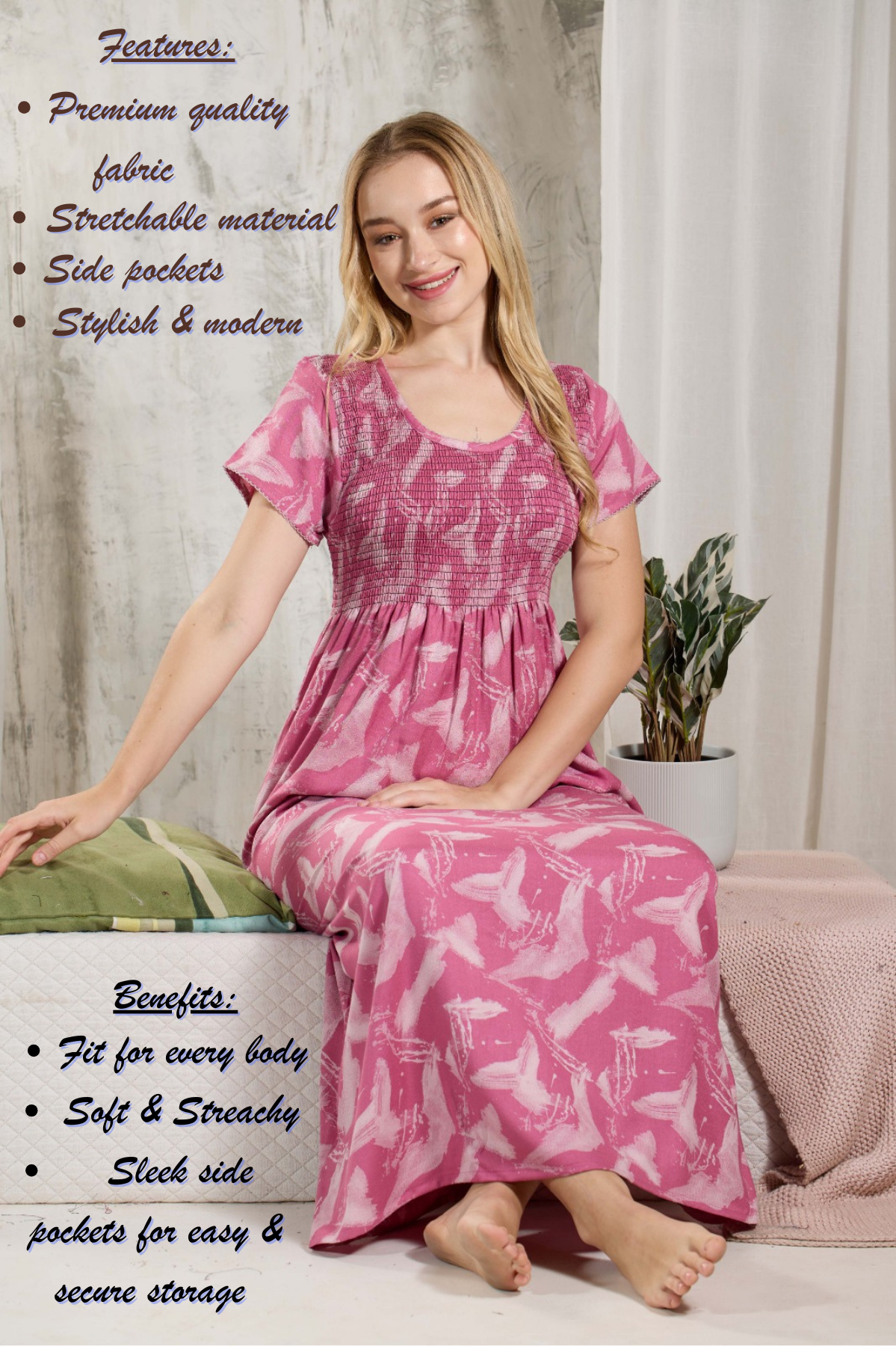 ALPINE Smocking Nighty | Beautiful Pleated Design | Side Pocket | Stylish Nighty for Trendy Women's | Your Perfect Nightwear Collection's (ALS)