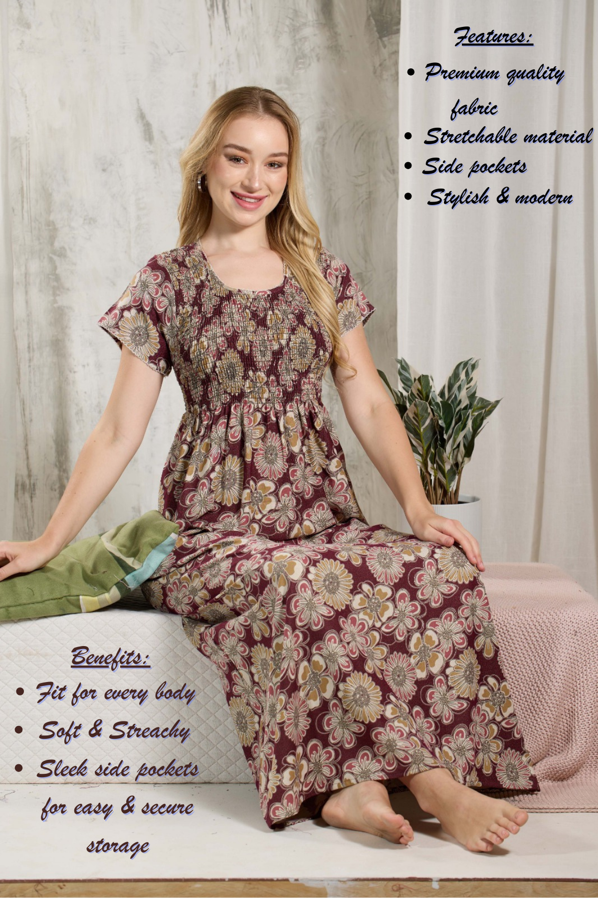 ALPINE Smocking Nighty | Beautiful Pleated Design | Side Pocket | Stylish Nighty for Trendy Women's | Your Perfect Nightwear Collection's (ALS)