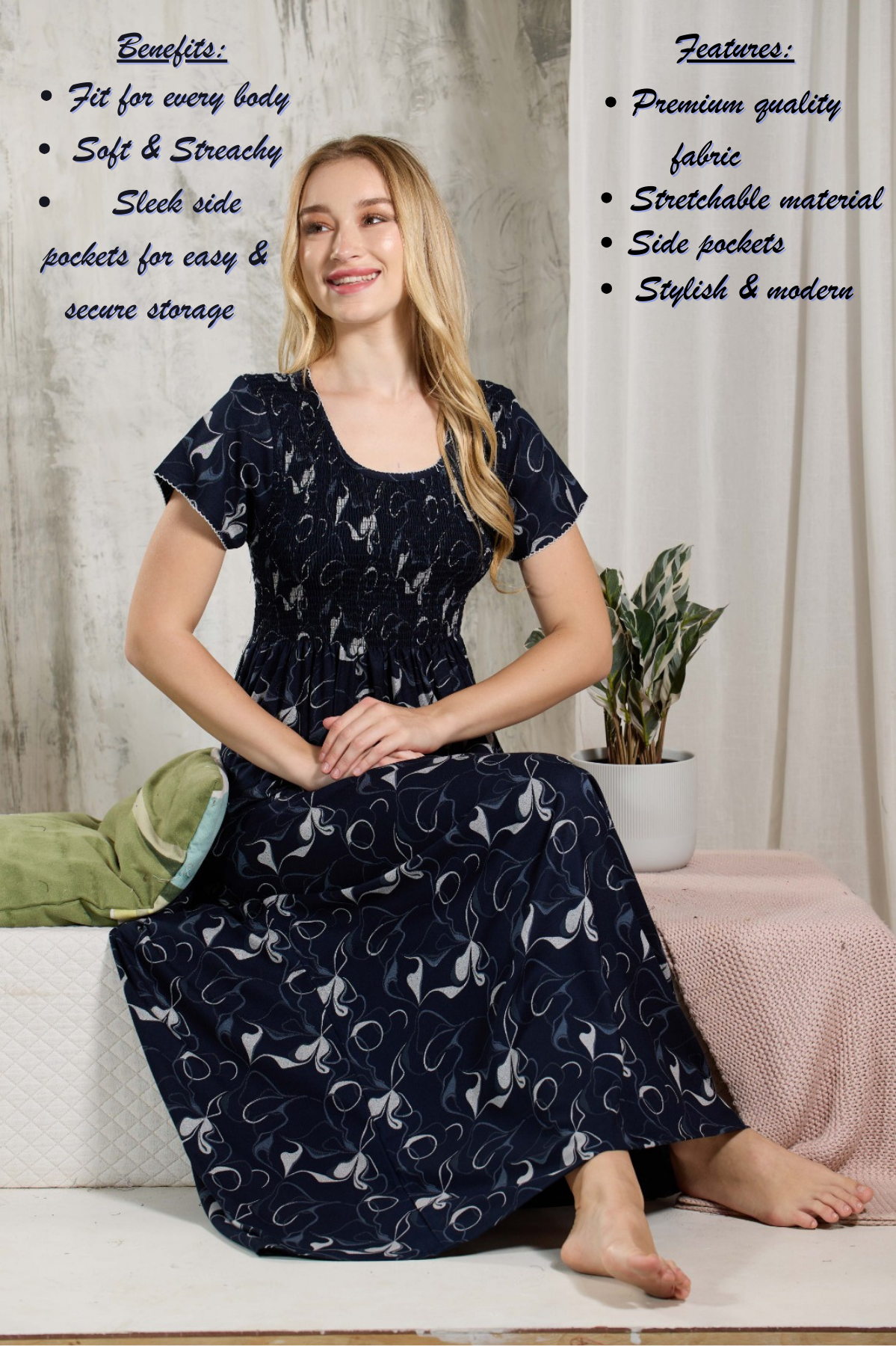 ALPINE Smocking Nighty | Beautiful Pleated Design | Side Pocket | Stylish Nighty for Trendy Women's | Your Perfect Nightwear Collection's (ALS)