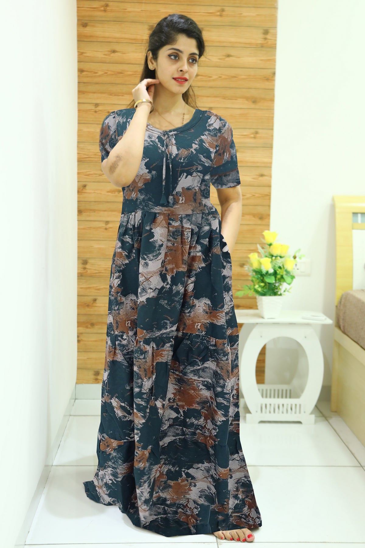 Alpine FULL FROCK Model Nighties| Fancy Sleeves & Neck Pattern| Side Pocket with Back Tie Rope | Perfect Nightwear Trendy Women's (FRK)