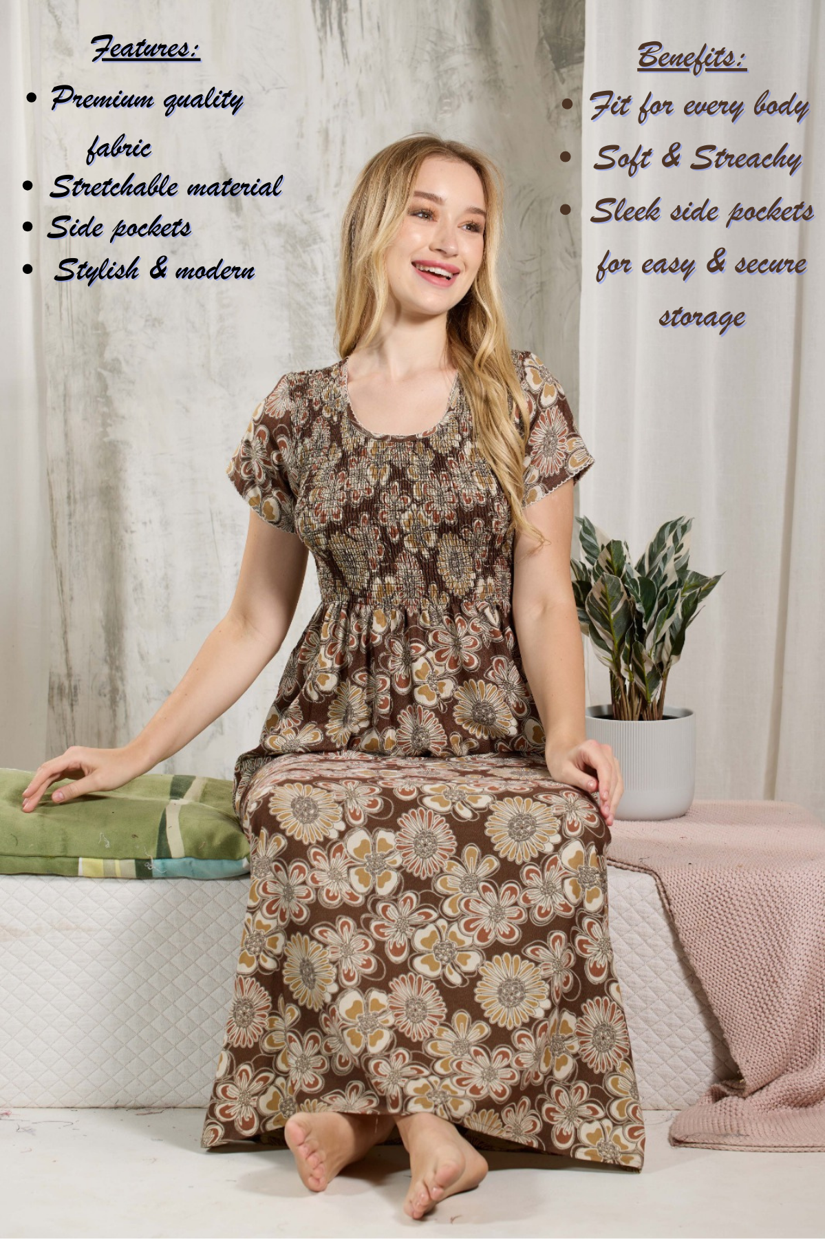 ALPINE Smocking Nighty | Beautiful Pleated Design | Side Pocket | Stylish Nighty for Trendy Women's | Your Perfect Nightwear Collection's (ALS)