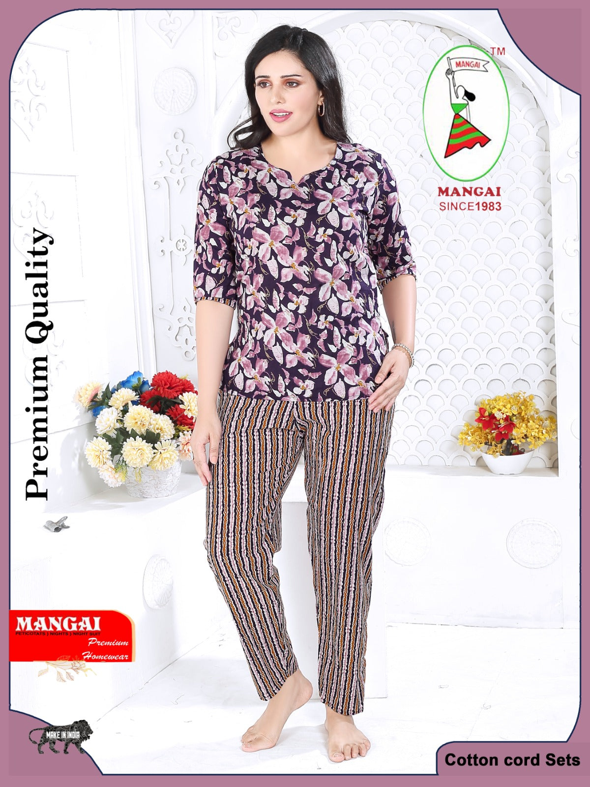 MANGAI Premium Cotton Printed Night Suits | Stylish Print's All Over | Top & Bottom Set | 3/4 Sleeve | Trendy Night Suits for Stylish Women's (CNS)