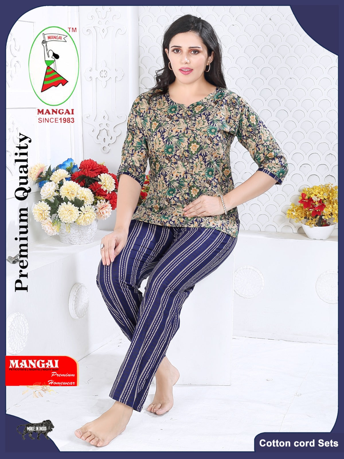 MANGAI Premium Cotton Printed Night Suits | Stylish Print's All Over | Top & Bottom Set | 3/4 Sleeve | Trendy Night Suits for Stylish Women's (CNS)