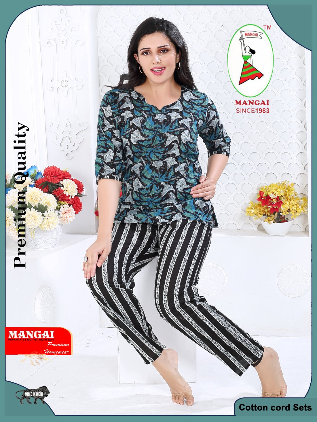 MANGAI Premium Cotton Printed Night Suits | Stylish Print's All Over | Top & Bottom Set | 3/4 Sleeve | Trendy Night Suits for Stylish Women's (CNS)