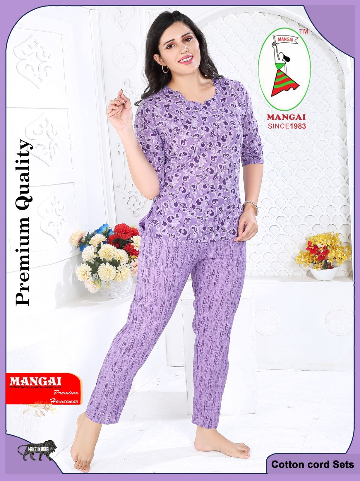 MANGAI Premium Cotton Printed Night Suits | Stylish Print's All Over | Top & Bottom Set | 3/4 Sleeve | Trendy Night Suits for Stylish Women's (CNS)