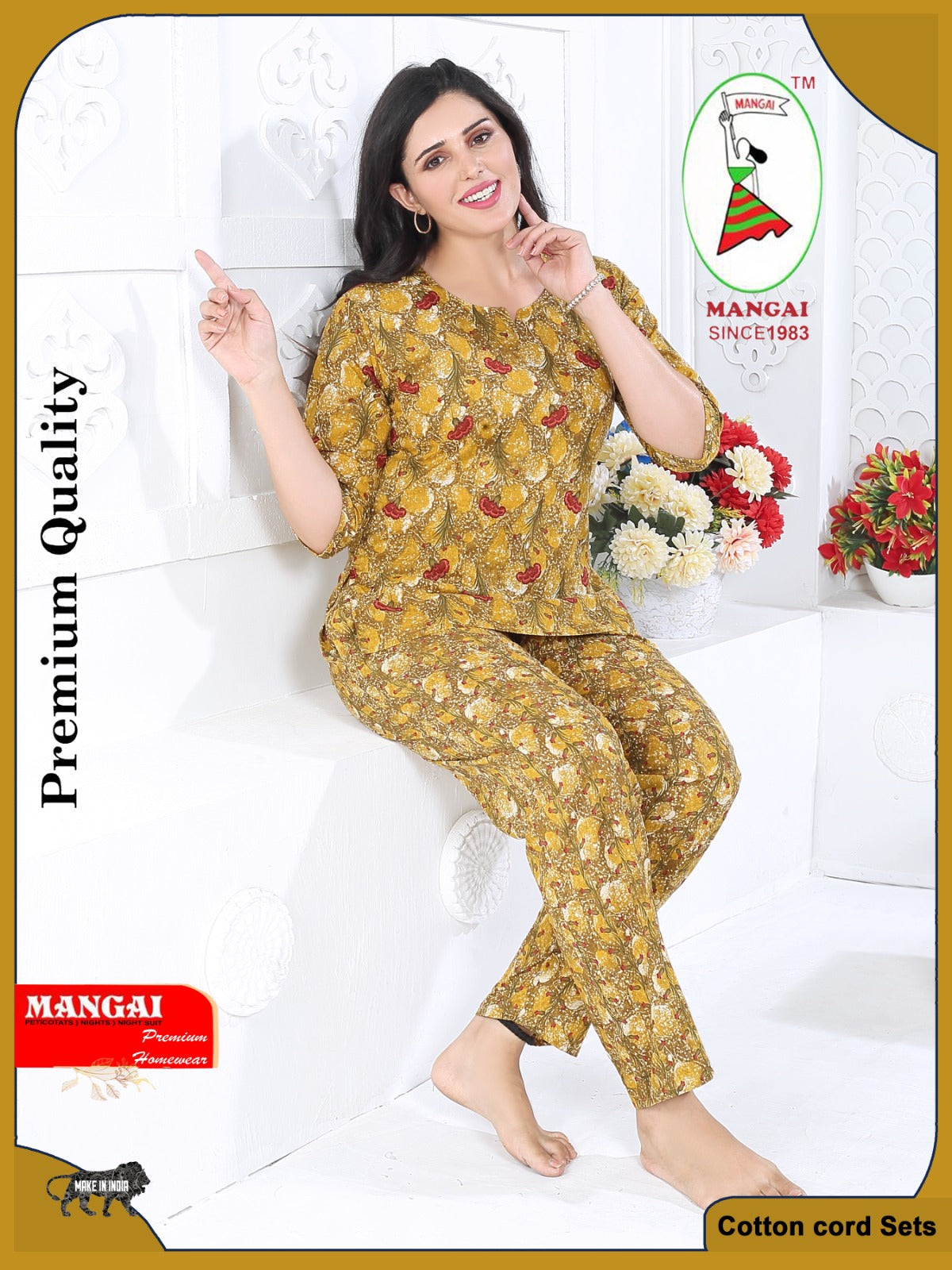 MANGAI Premium Cotton Printed Night Suits | Stylish Print's All Over | Top & Bottom Set | 3/4 Sleeve | Trendy Night Suits for Stylish Women's (CNS)