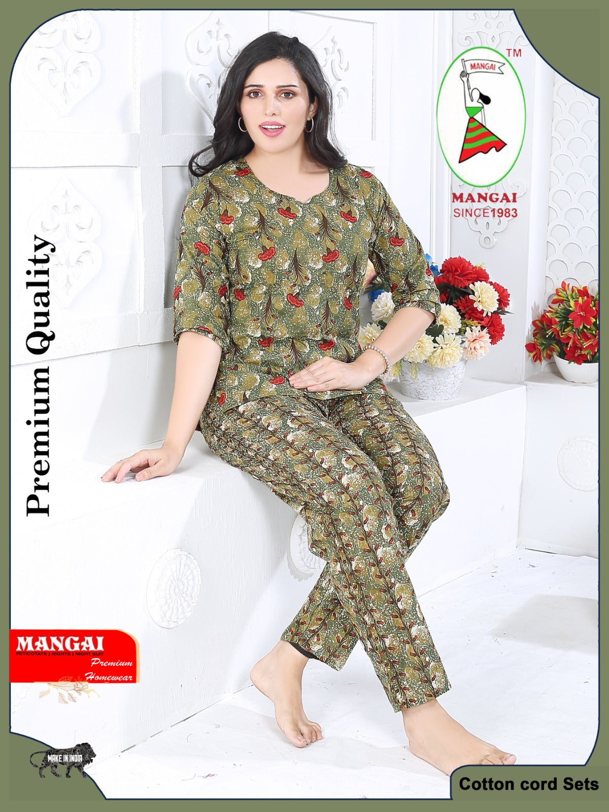 MANGAI Premium Cotton Printed Night Suits | Stylish Print's All Over | Top & Bottom Set | 3/4 Sleeve | Trendy Night Suits for Stylish Women's (CNS)