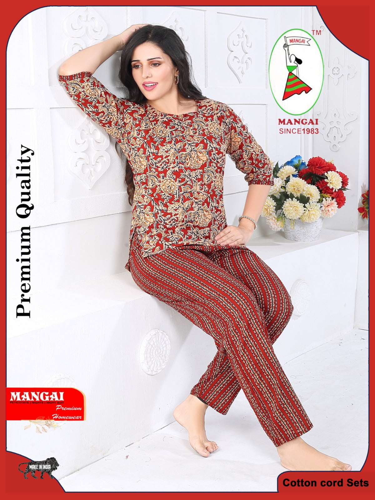 MANGAI Premium Cotton Printed Night Suits | Stylish Print's All Over | Top & Bottom Set | 3/4 Sleeve | Trendy Night Suits for Stylish Women's (CNS)
