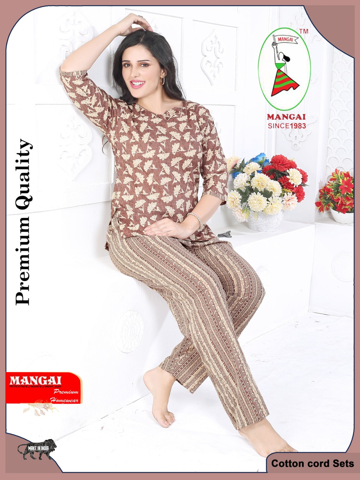 MANGAI Premium Cotton Printed Night Suits | Stylish Print's All Over | Top & Bottom Set | 3/4 Sleeve | Trendy Night Suits for Stylish Women's (CNS)