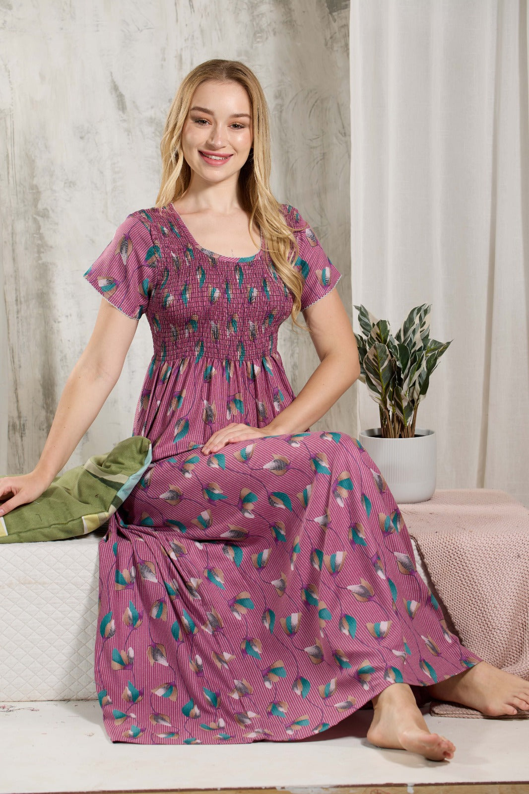 ALPINE Smocking Nighty | Beautiful Pleated Design | Side Pocket | Stylish Nighty for Trendy Women's | Your Perfect Nightwear Collection's (ALS)