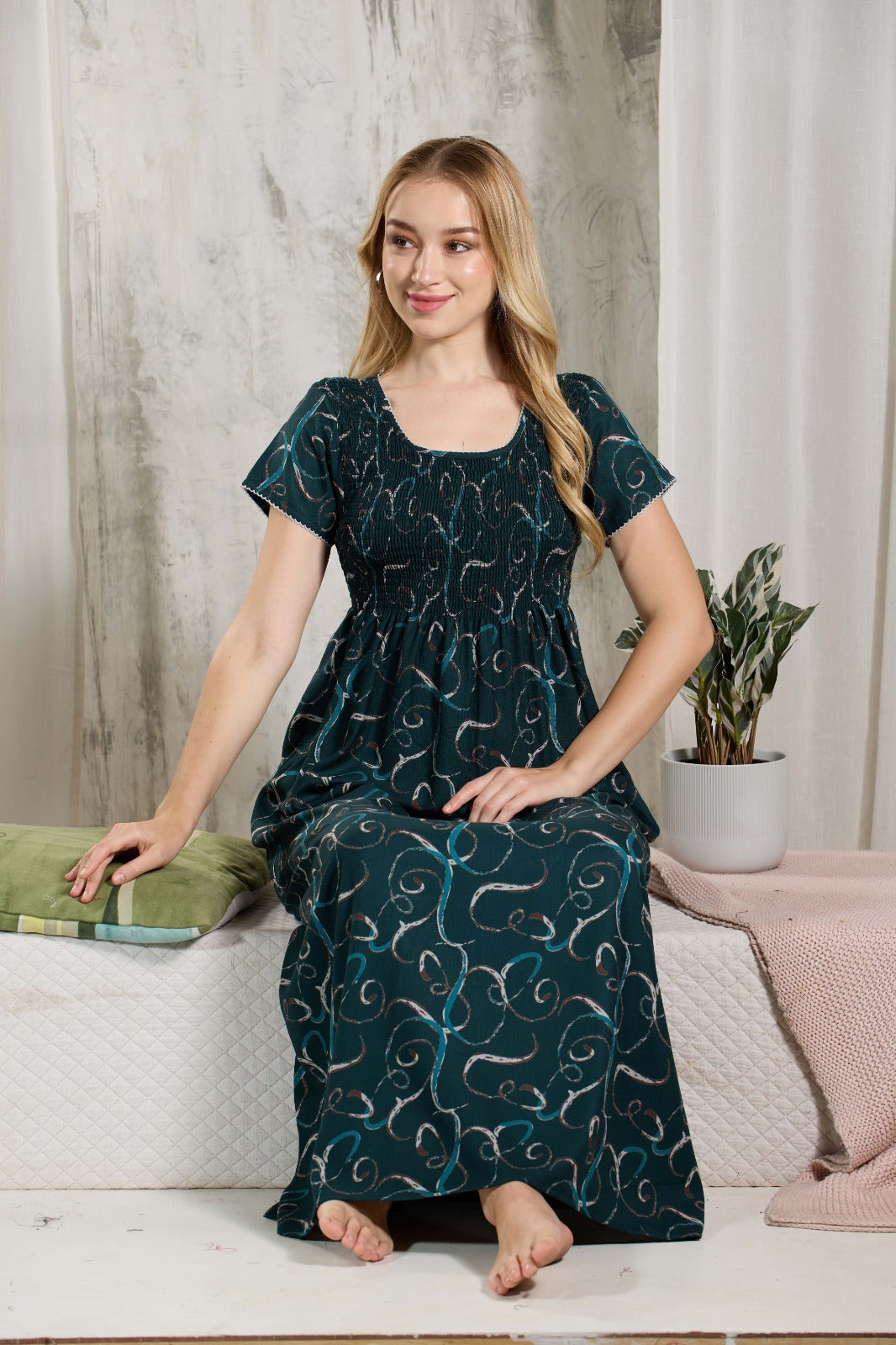 ALPINE Smocking Nighty | Beautiful Pleated Design | Side Pocket | Stylish Nighty for Trendy Women's | Your Perfect Nightwear Collection's (ALS)