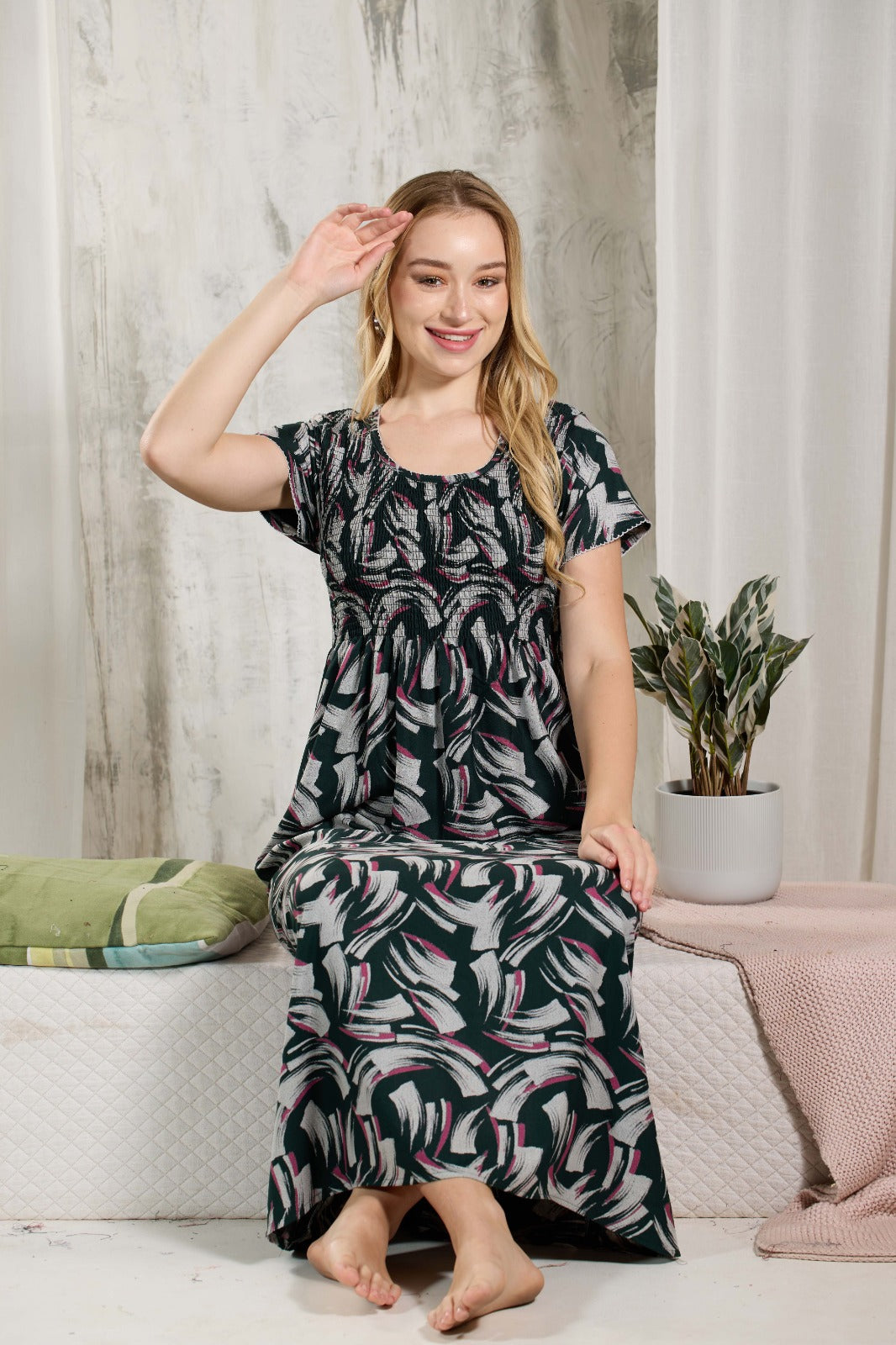 ALPINE Smocking Nighty | Beautiful Pleated Design | Side Pocket | Stylish Nighty for Trendy Women's | Your Perfect Nightwear Collection's (ALS)