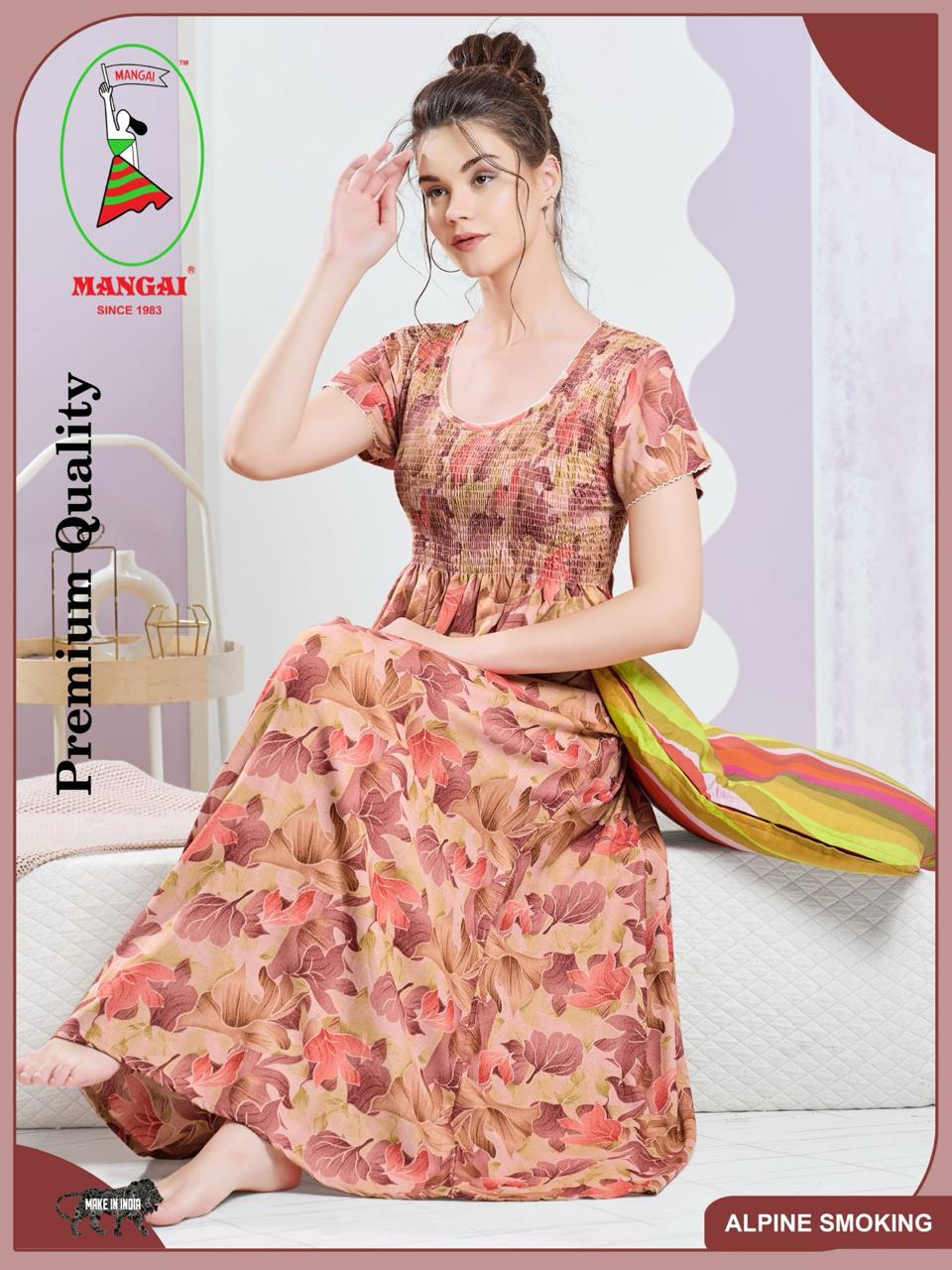 ALPINE Smocking Nighty | Beautiful Pleated Design | Side Pocket | Stylish Nighty for Trendy Women's | Your Perfect Nightwear Collection's (SAP)