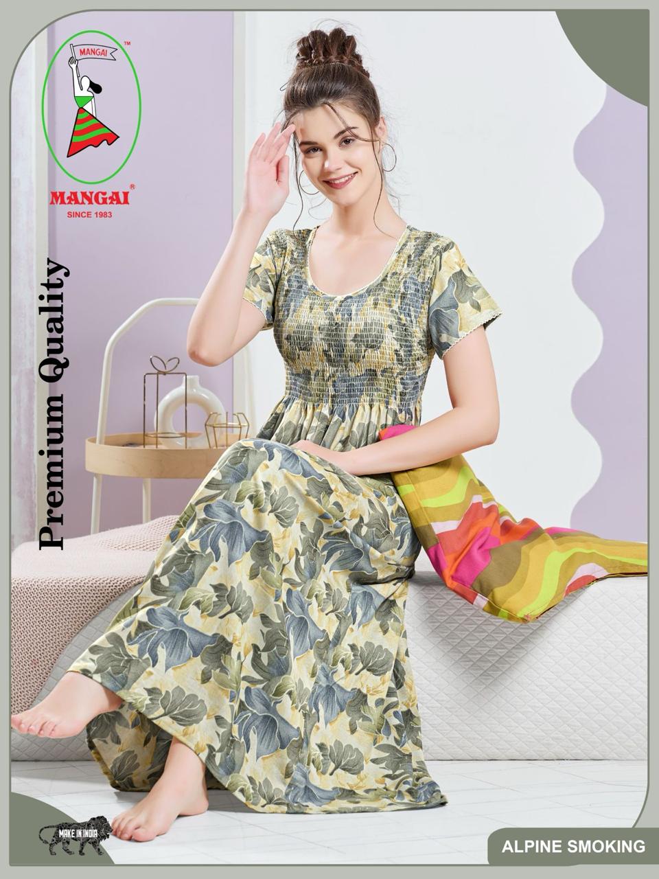 ALPINE Smocking Nighty | Beautiful Pleated Design | Side Pocket | Stylish Nighty for Trendy Women's | Your Perfect Nightwear Collection's (SAP)