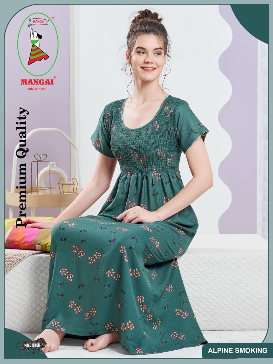 ALPINE Smocking Nighty | Beautiful Pleated Design | Side Pocket | Stylish Nighty for Trendy Women's | Your Perfect Nightwear Collection's (SAP)